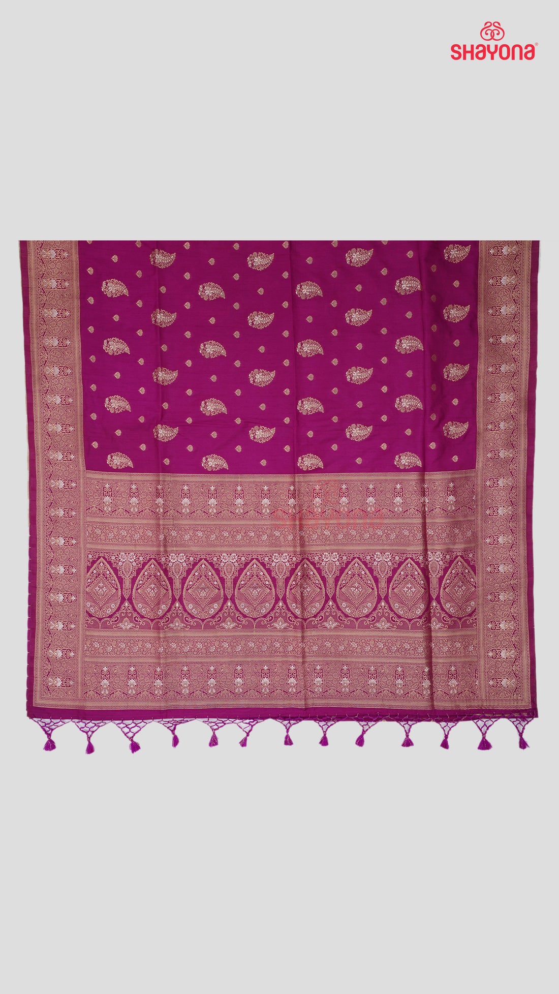 Dark Violet Red Banarasi Soft Silk Saree with Golden Butta & Nakshi Border