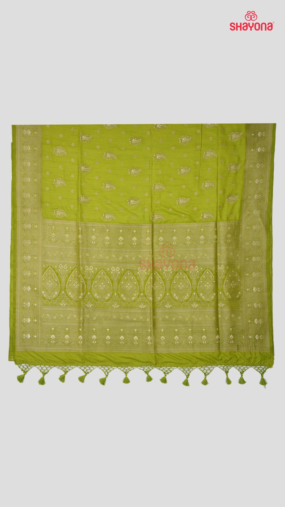 Medium Olive Banarasi Soft Silk Saree with Golden Butta & Nakshi Border