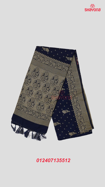 Dark Navy Blue Banarasi Soft Silk Saree with Golden Butta & Nakshi Border