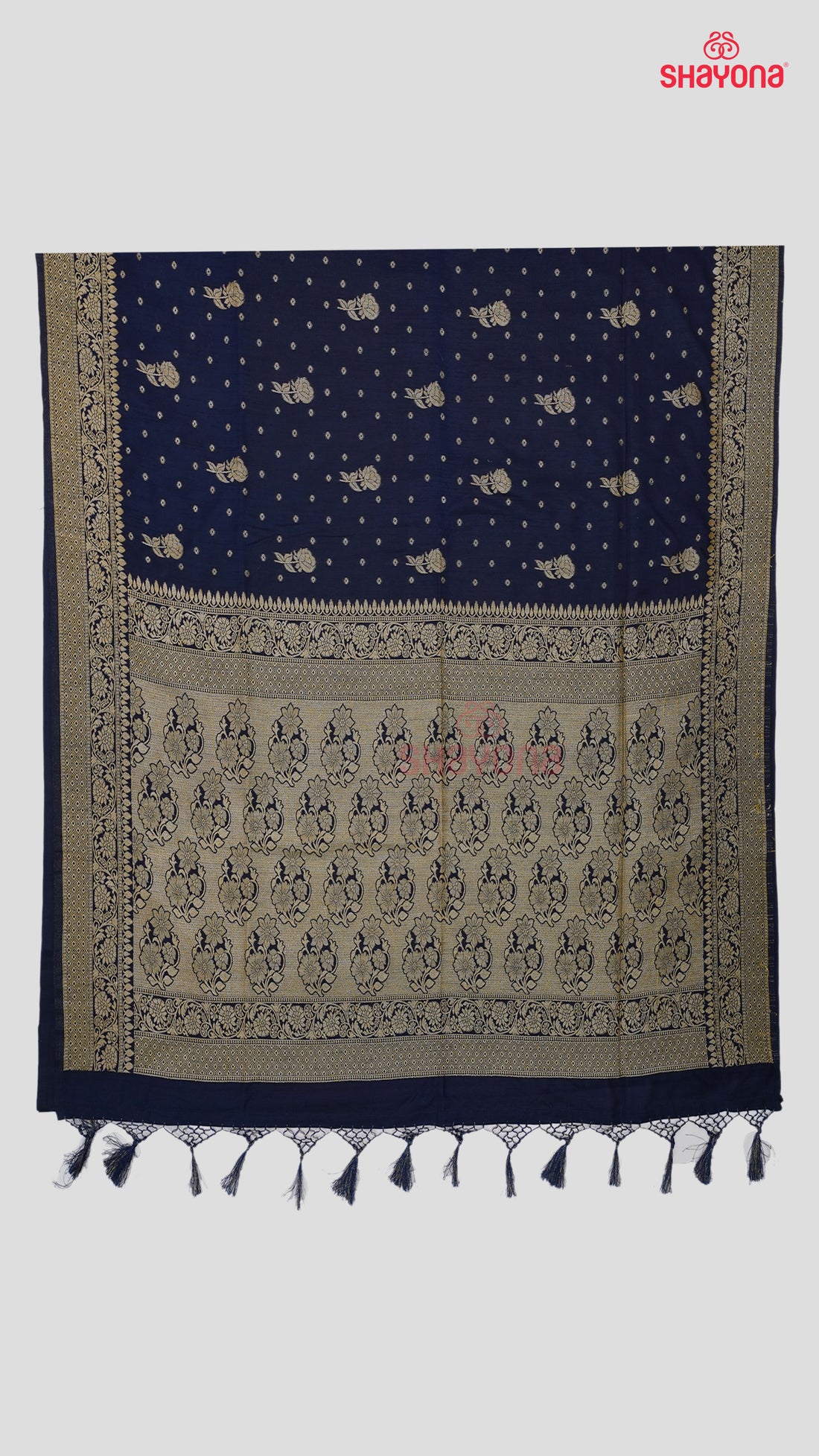 Dark Navy Blue Banarasi Soft Silk Saree with Golden Butta & Nakshi Border