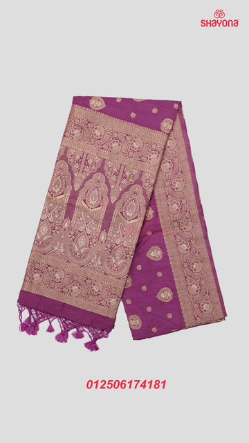 Magenta Banarasi Soft Silk Saree with Golden Butta, Butti & Nakshi Border