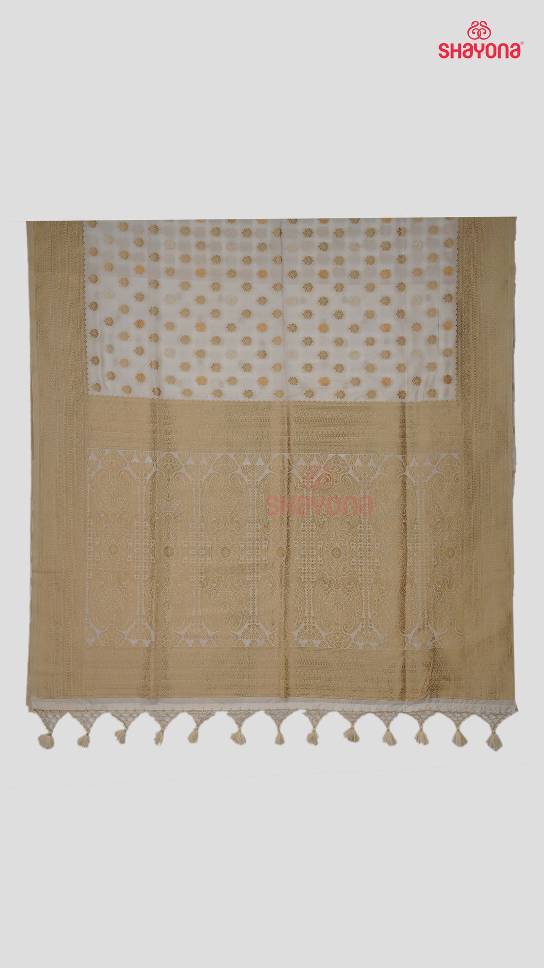 Ivory Banarasi Soft Silk Saree with Golden Butti & Nakshi Border