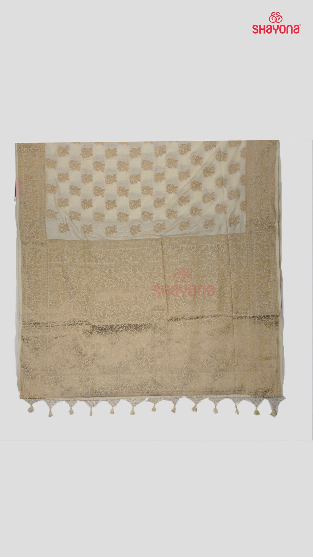 Ivory Banarasi Soft Silk Saree with Golden Butta & Nakshi Border