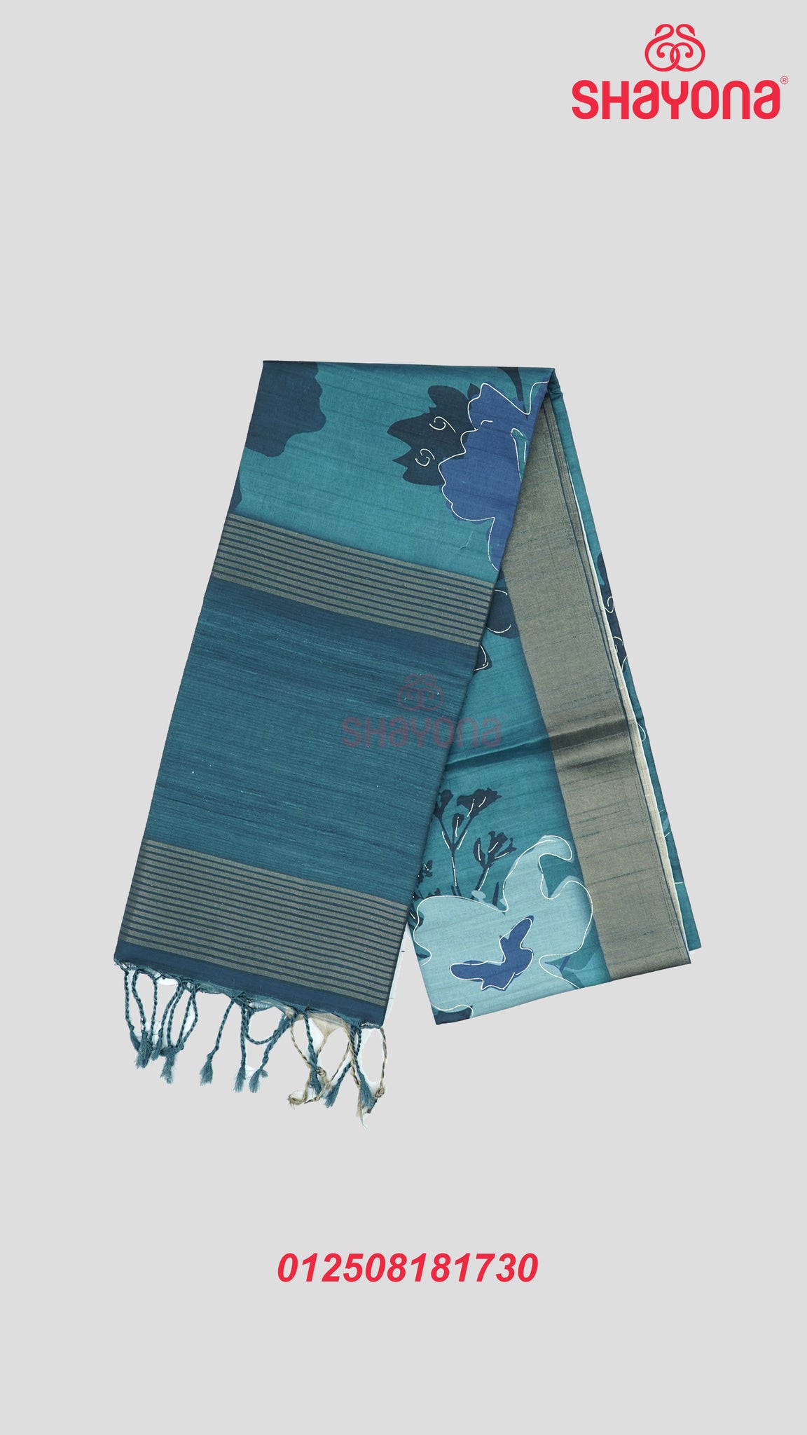 Deep Steel Blue Tussa Cotton Saree with Floral Butta, Digital Jaal & Matching Pallav