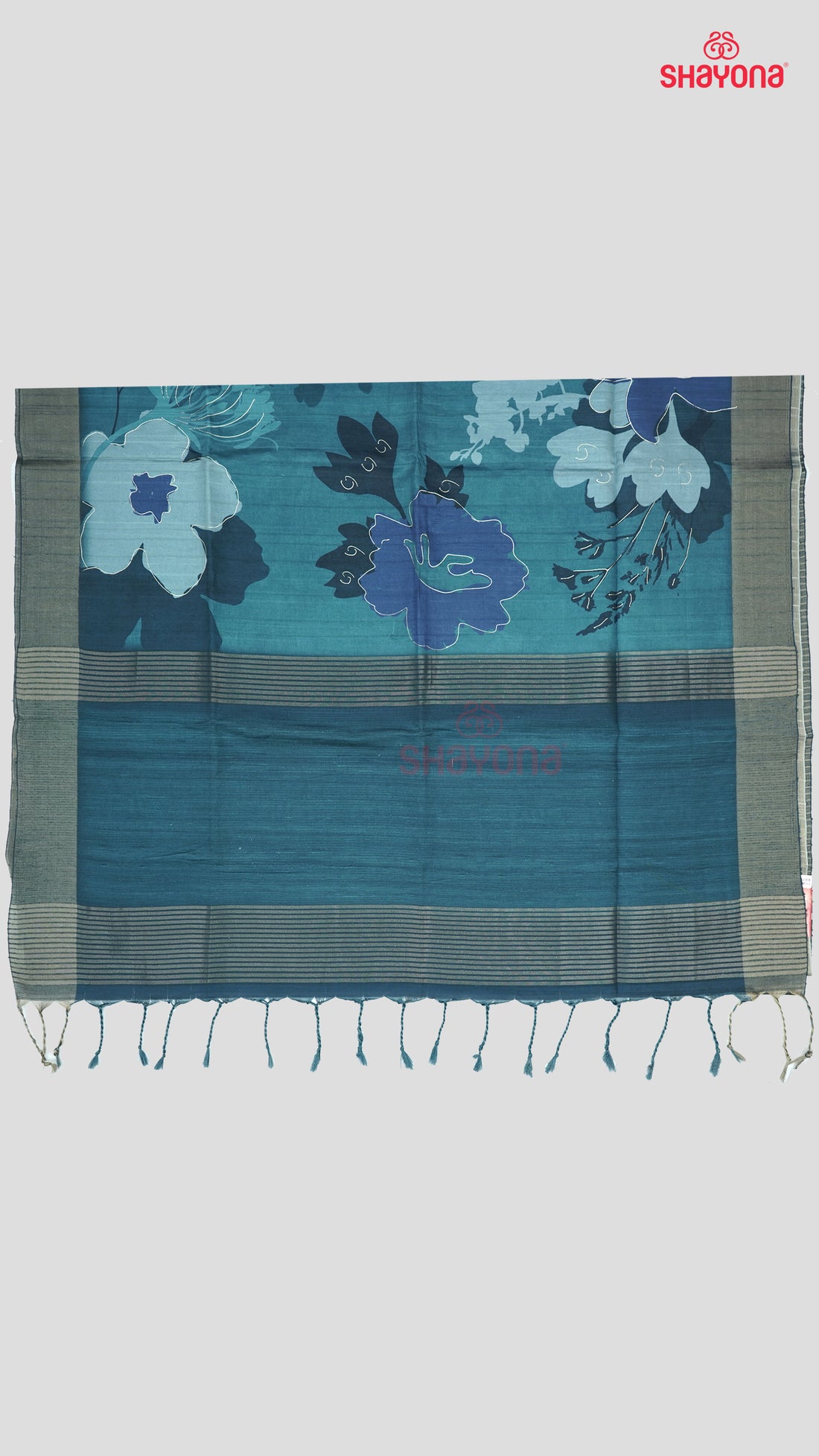 Deep Steel Blue Tussa Cotton Saree with Floral Butta, Digital Jaal & Matching Pallav