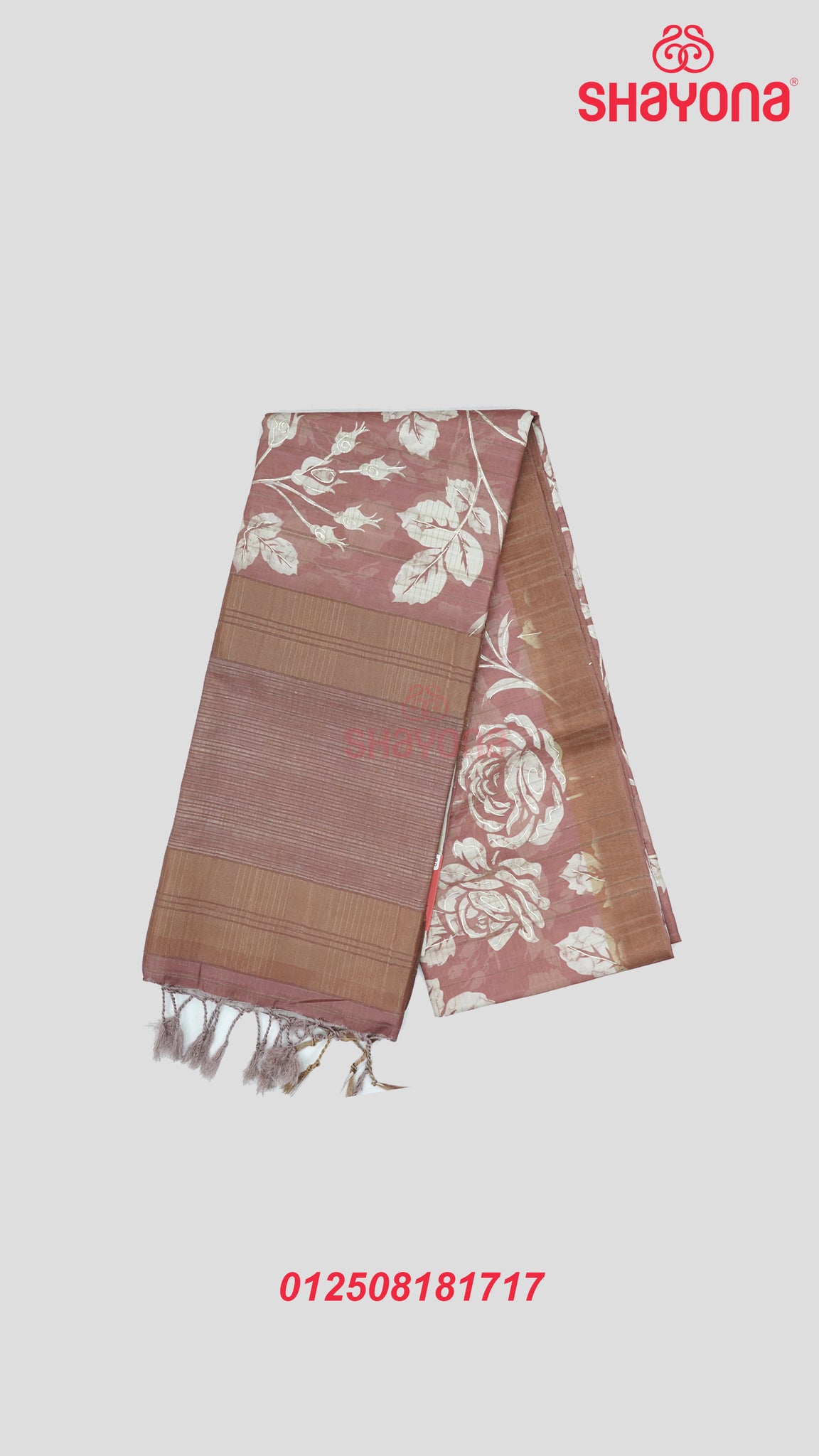 Rose Gold Tussa Cotton Saree with Floral Butta Jaal, Digital Prints & Golden Pallav