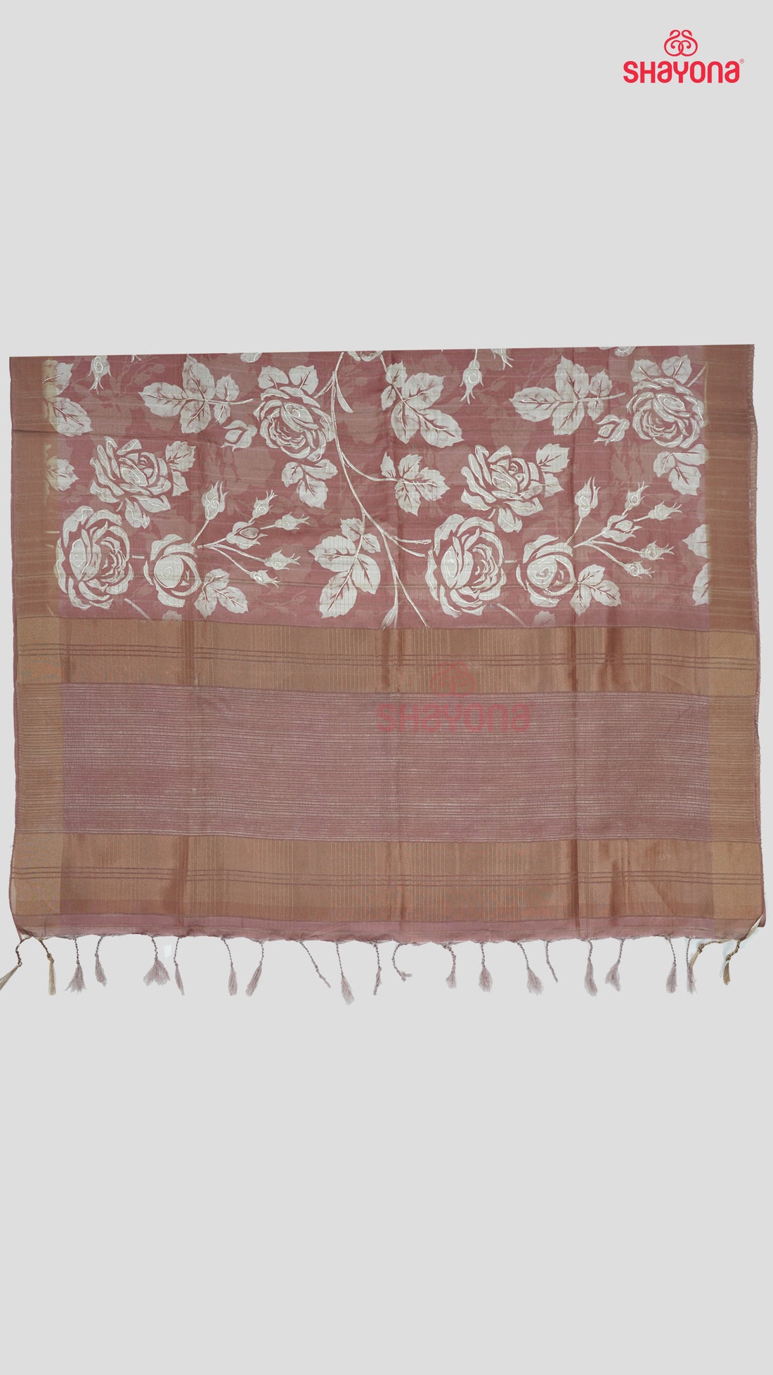 Rose Gold Tussa Cotton Saree with Floral Butta Jaal, Digital Prints & Golden Pallav