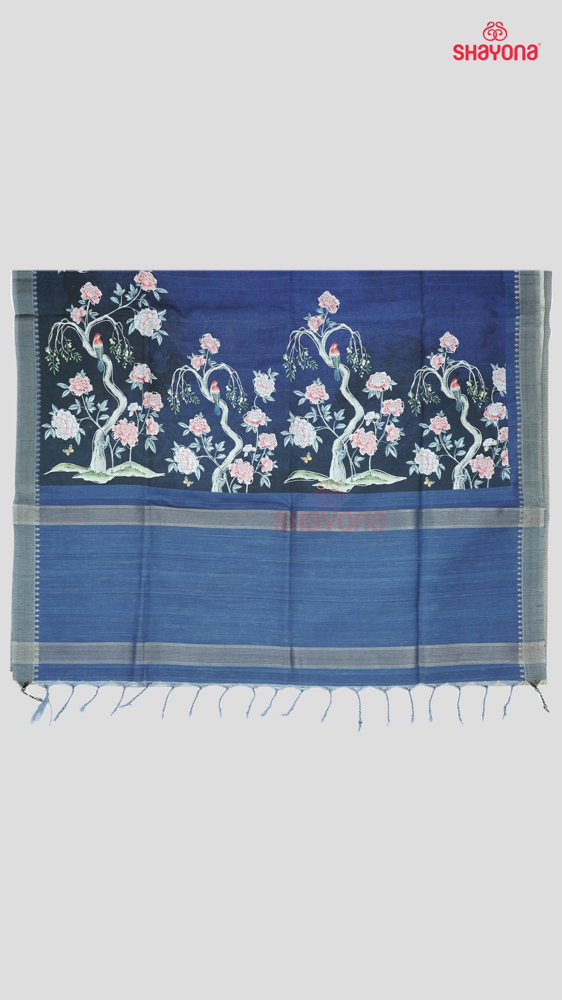 Dark Navy Blue Tussa Cotton Saree with Multi-Coloured Floral & Bird Butta, Digital Prints & Matching Pallav