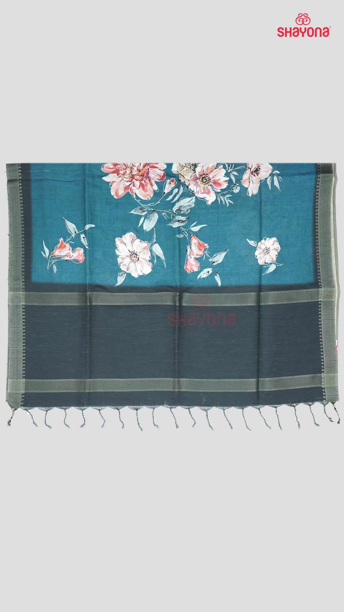 Deep Steel Blue & Light Black Tussa Cotton Saree with Multicoloured Floral Butta Jaal