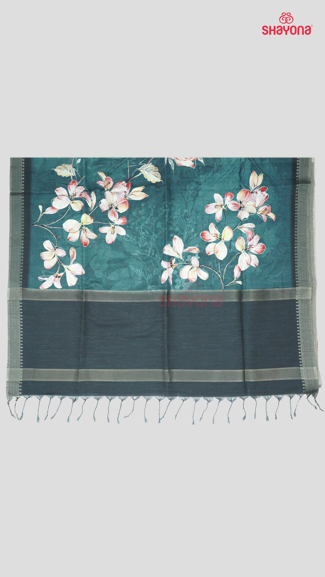 Deep Steel Blue & Light Black Weaved Tussa Cotton Saree with Multicoloured Floral Butta Jaal