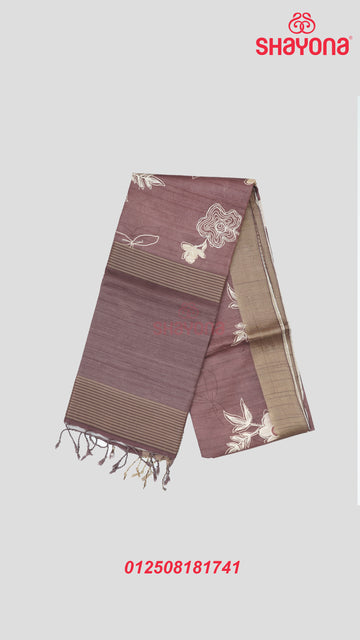 Dark Rose Gold Tussa Cotton Saree with Multi-Coloured Floral Butta, Digital Jaal & Matching Pallav