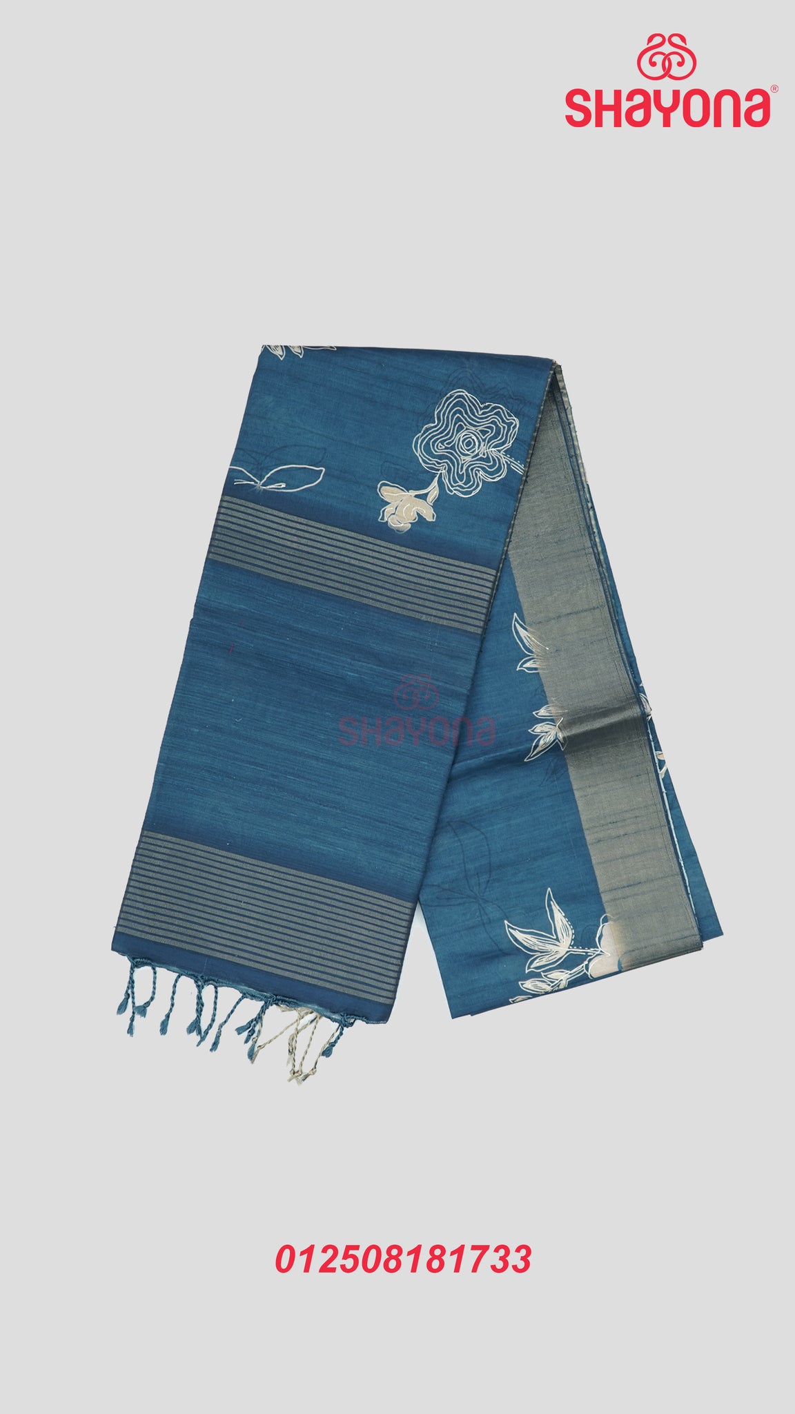 Deep Steel Blue Tussa Cotton Saree with Multi-Coloured Floral Butta, Digital Jaal & Matching Pallav
