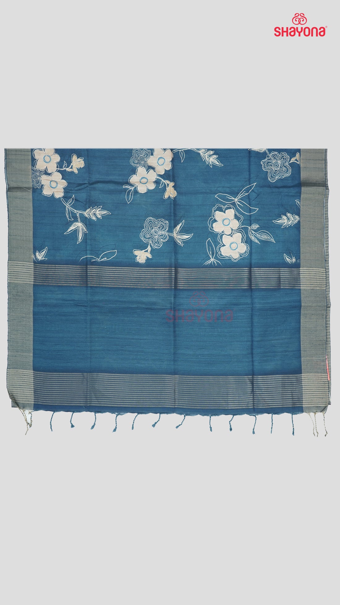 Deep Steel Blue Tussa Cotton Saree with Multi-Coloured Floral Butta, Digital Jaal & Matching Pallav