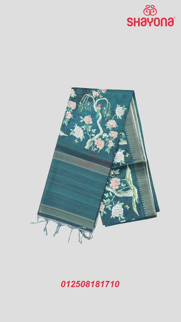 Dark Deep Sky Blue Tussa Cotton Saree with Multi-Coloured Floral & Bird Butta, Digital Prints & Matching Pallav