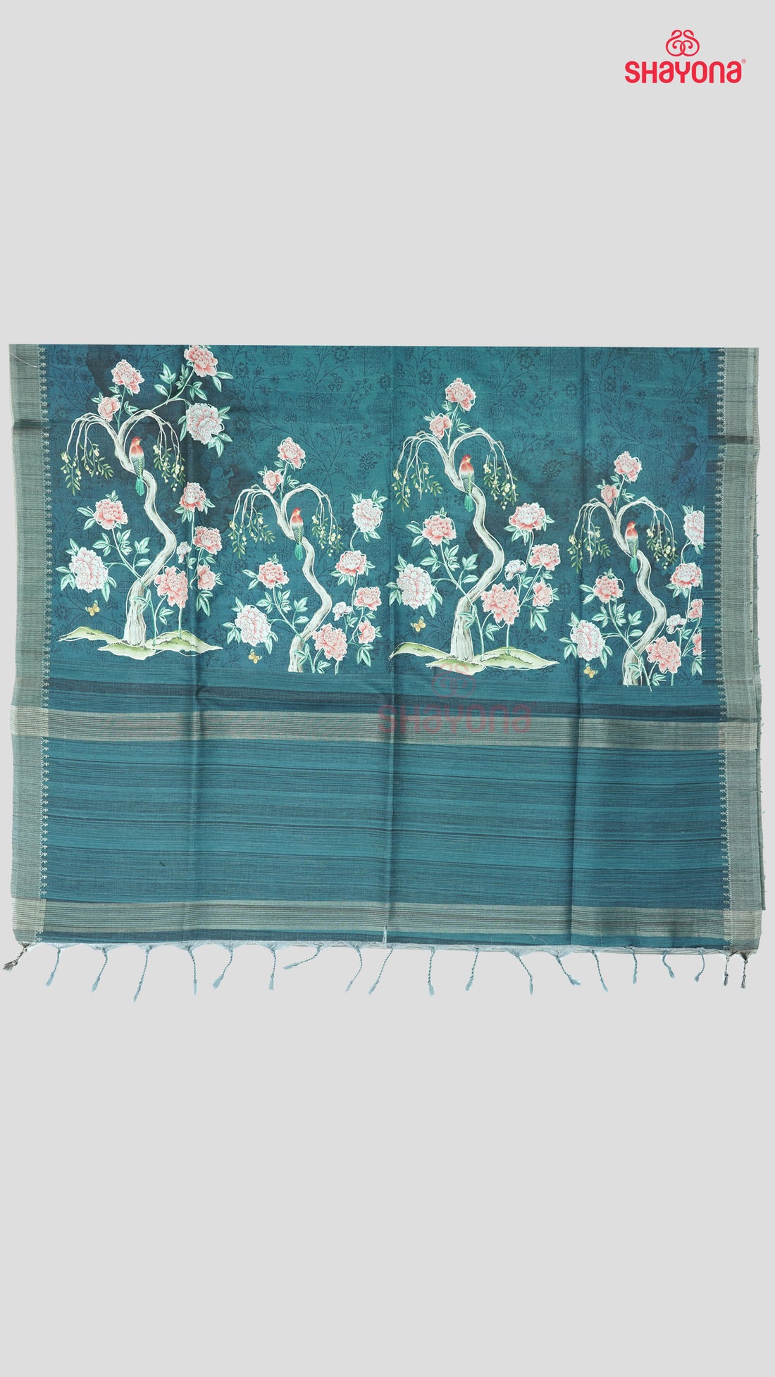 Dark Deep Sky Blue Tussa Cotton Saree with Multi-Coloured Floral & Bird Butta, Digital Prints & Matching Pallav