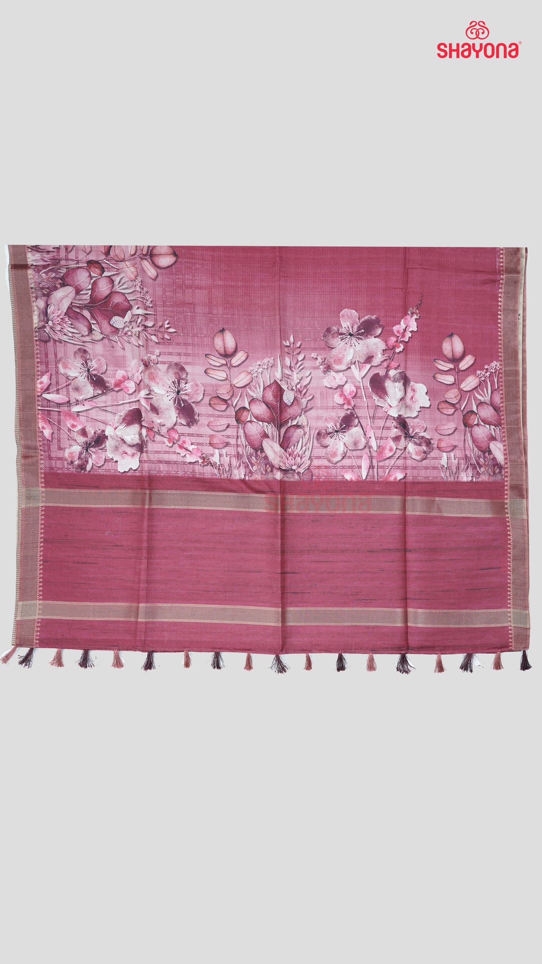 Rose Gold Weaved Tussa Cotton Saree with Multicoloured Floral Butta Jaal