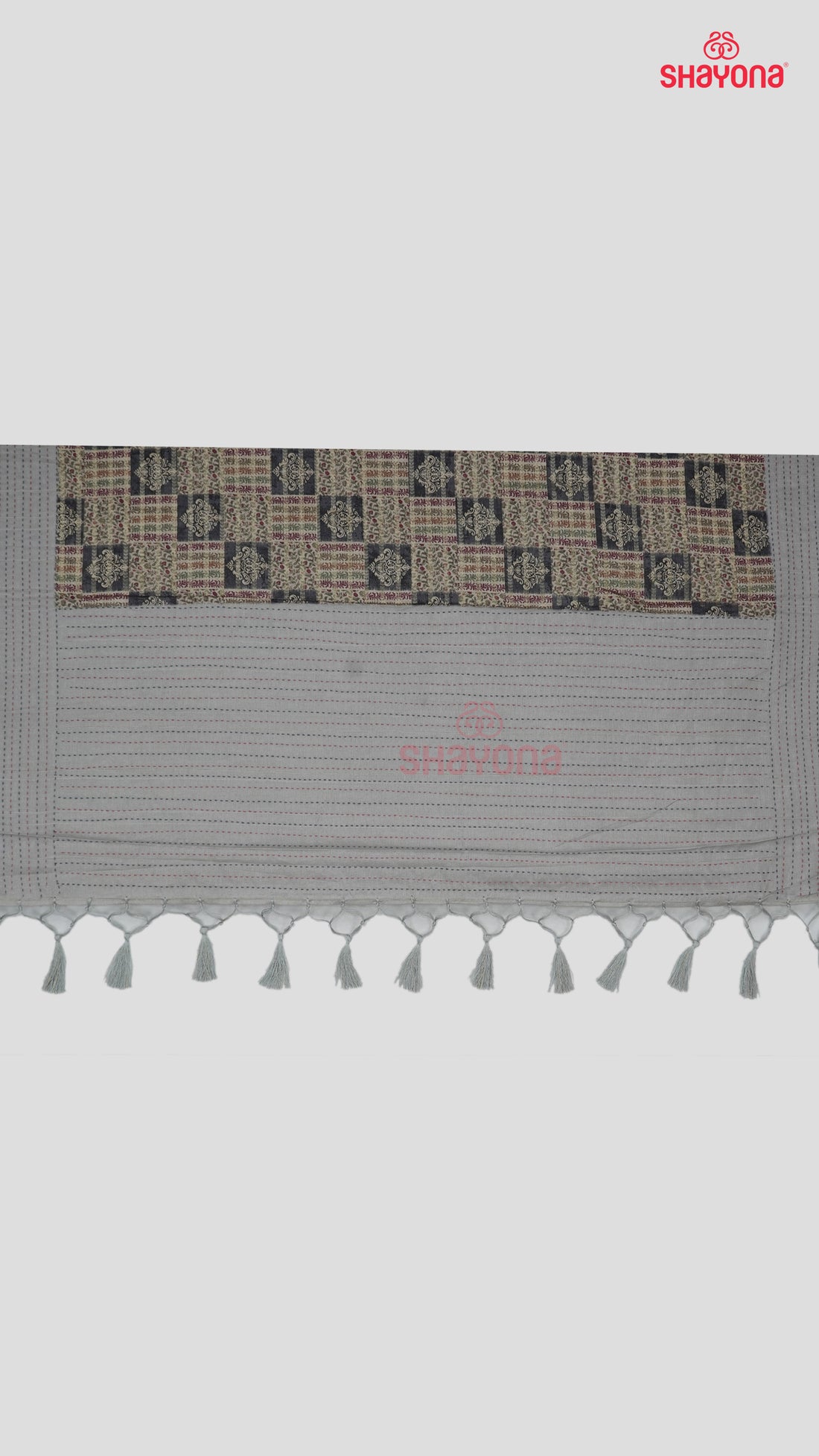 Gray & Multicolor Tussa-Based Cotton Saree with Golden Chanderi Checks & Digital Print