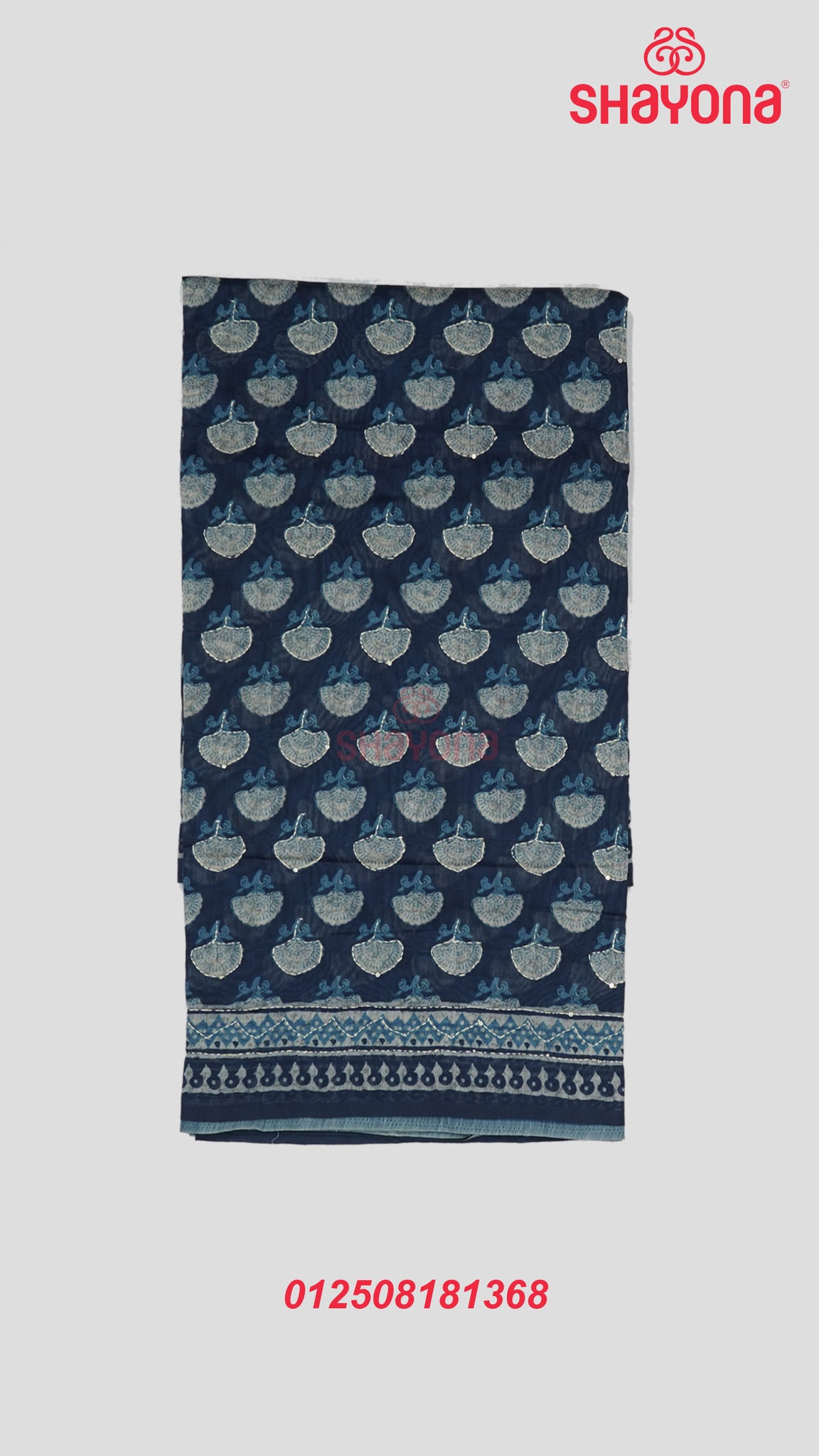 Dark Navy Blue Weaved Tussa-Based Cotton Saree with Digital Butta & Katha Work