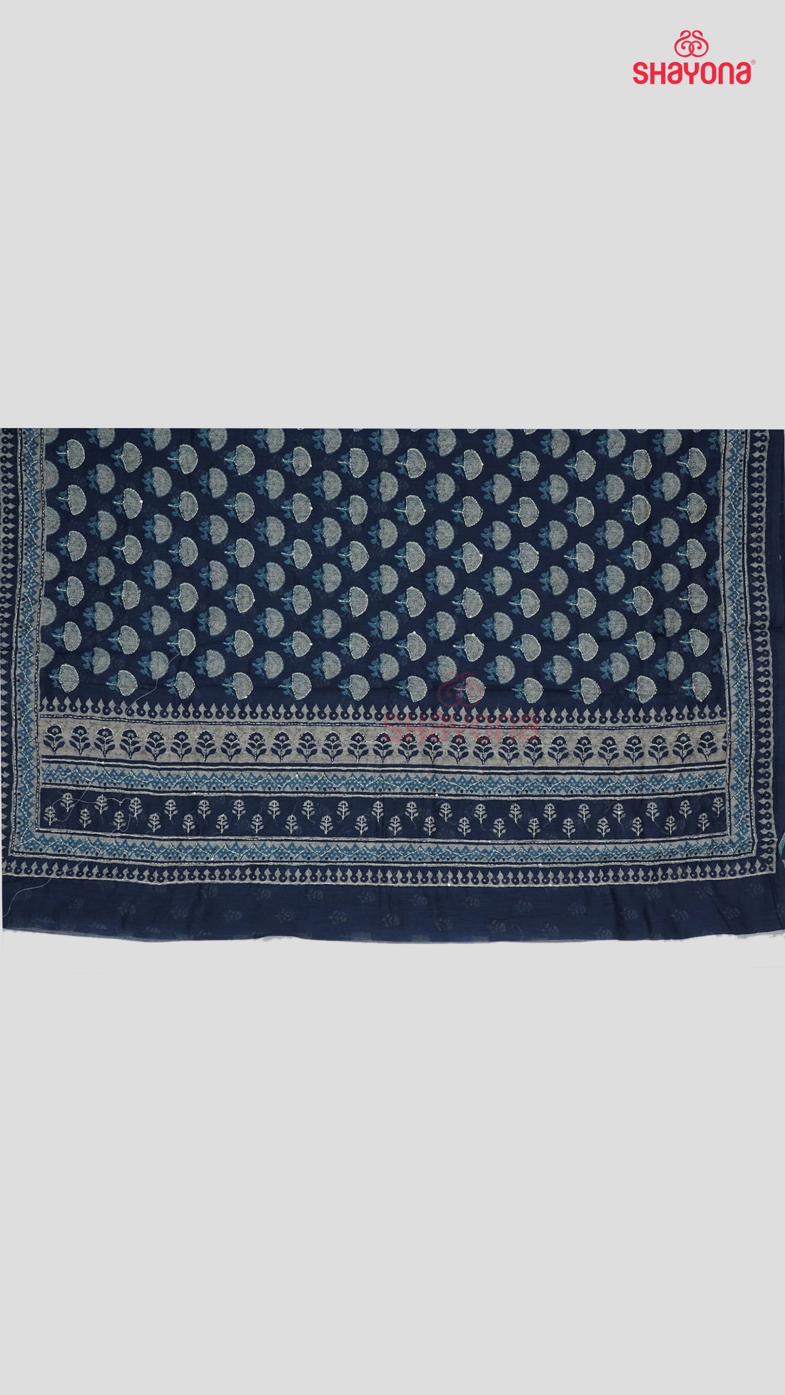 Dark Navy Blue Weaved Tussa-Based Cotton Saree with Digital Butta & Katha Work