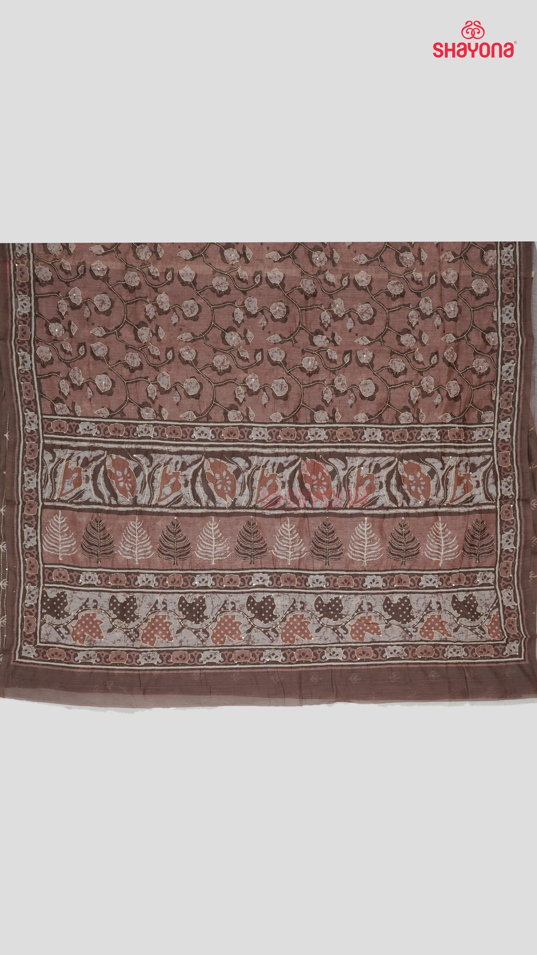 Rose Gold Weaved Tussa-Based Cotton Saree with Digital Butti & Katha Work