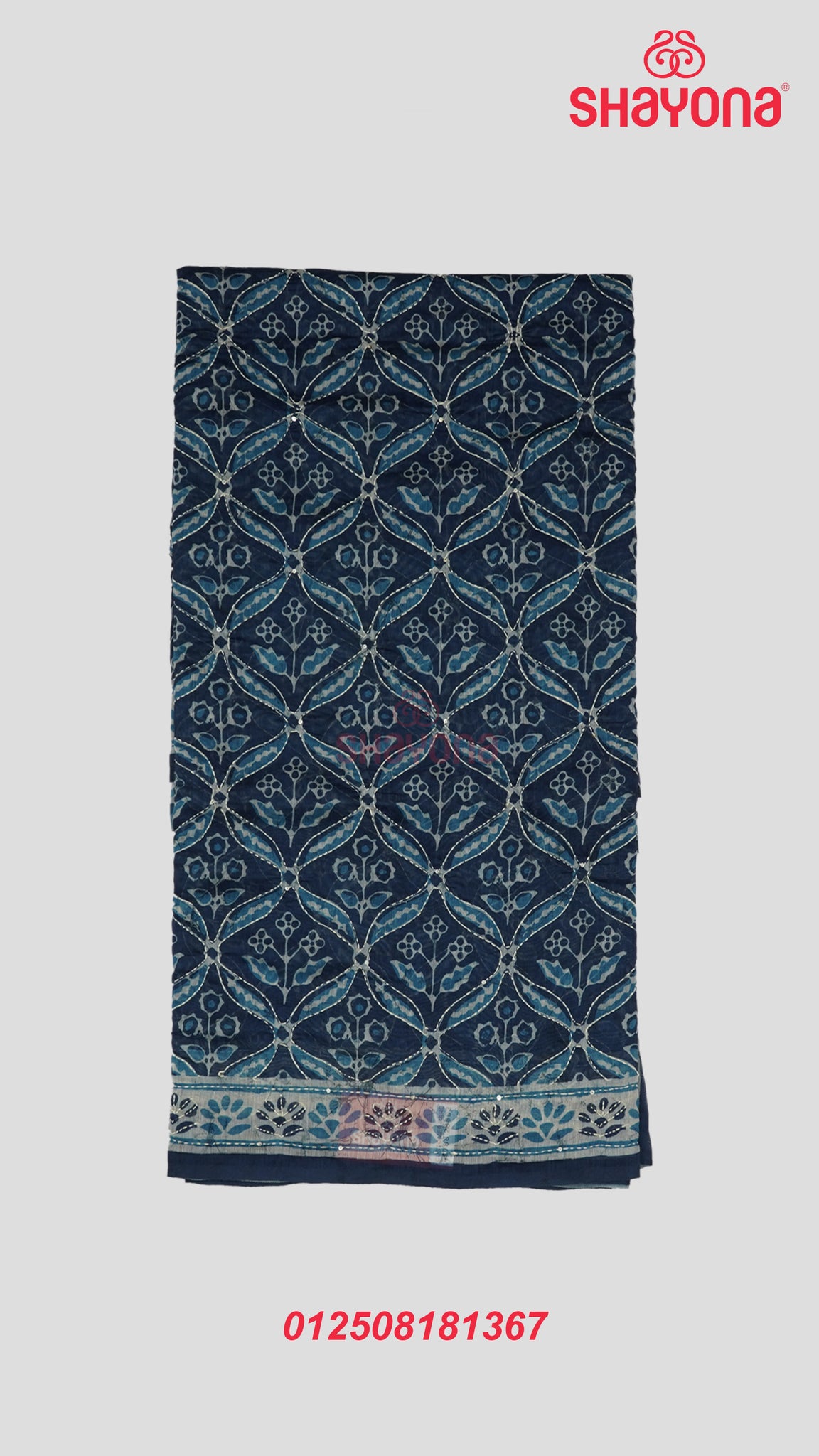 Dark Navy Blue Tussa-Based Cotton Saree with Digital Butti & Katha Work