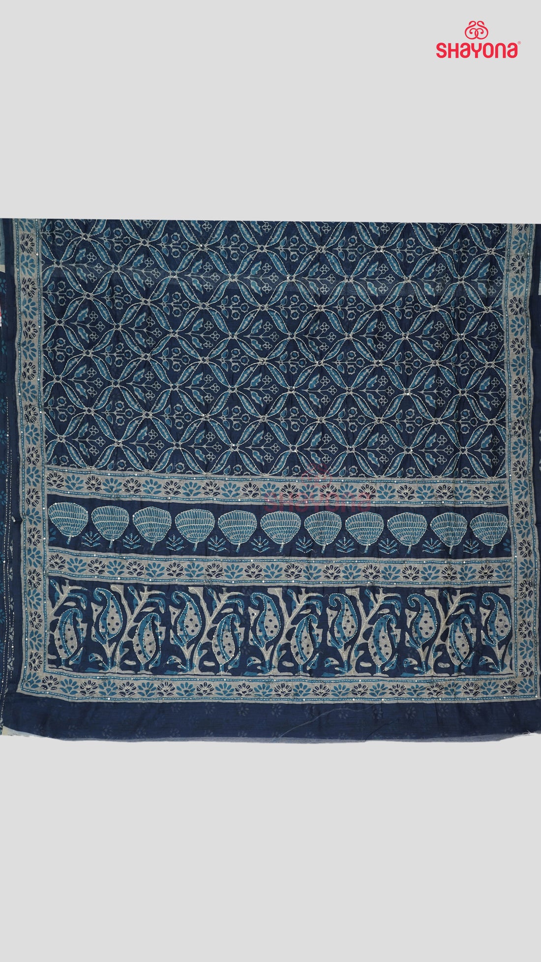 Dark Navy Blue Tussa-Based Cotton Saree with Digital Butti & Katha Work
