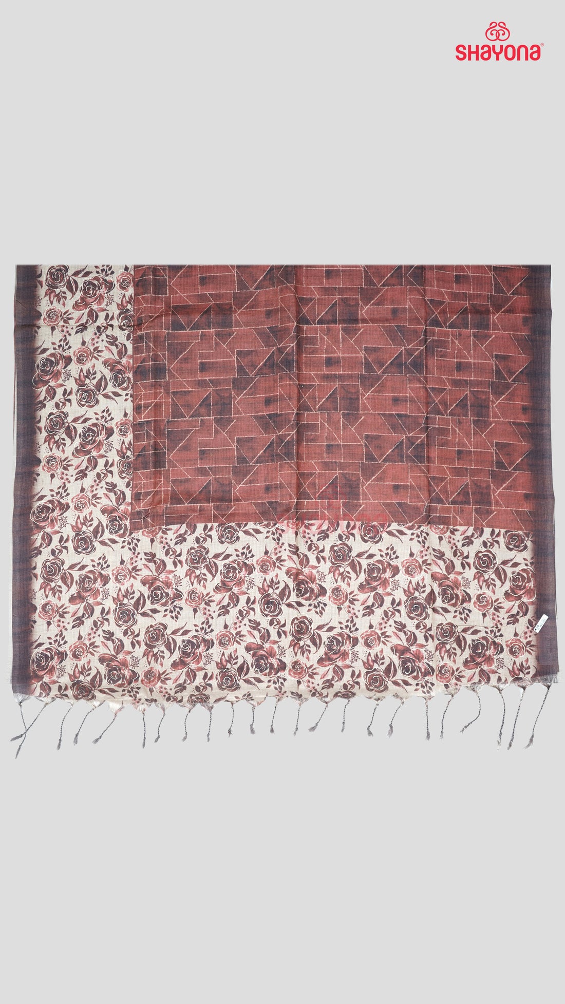 Rosy Brown Tussa Cotton Saree with Rose-Floral Jaal, Digital Geometric Prints & Light Gold Pallav