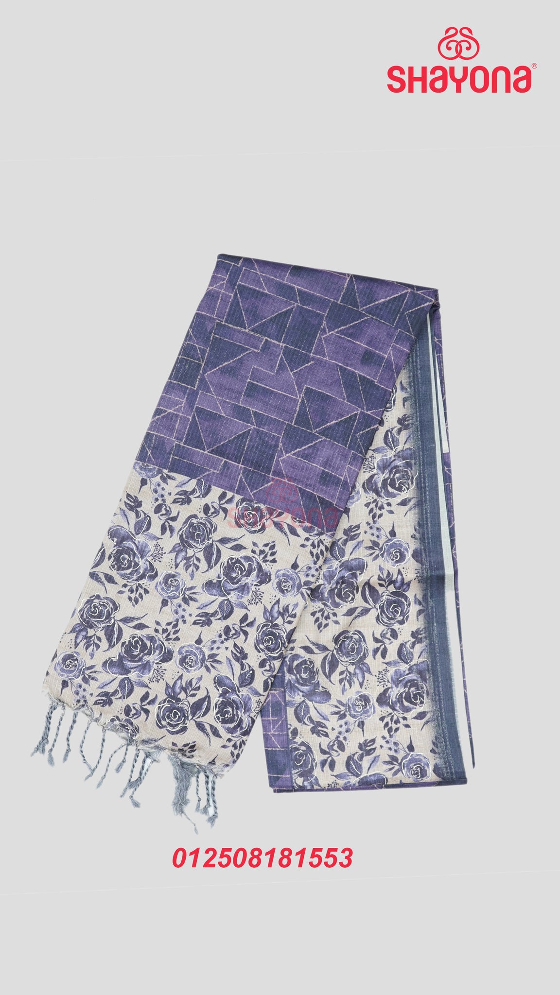 Indigo Tussa Cotton Saree with Rose-Floral Jaal, Digital Geometric Prints & Light Gold Pallav