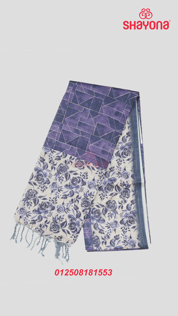 Indigo Tussa Cotton Saree with Rose-Floral Jaal, Digital Geometric Prints & Light Gold Pallav