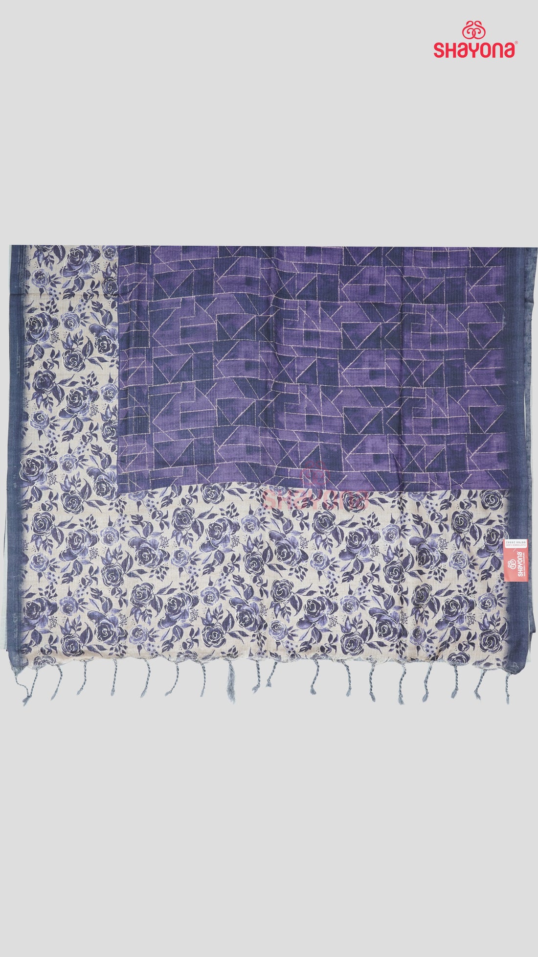 Indigo Tussa Cotton Saree with Rose-Floral Jaal, Digital Geometric Prints & Light Gold Pallav