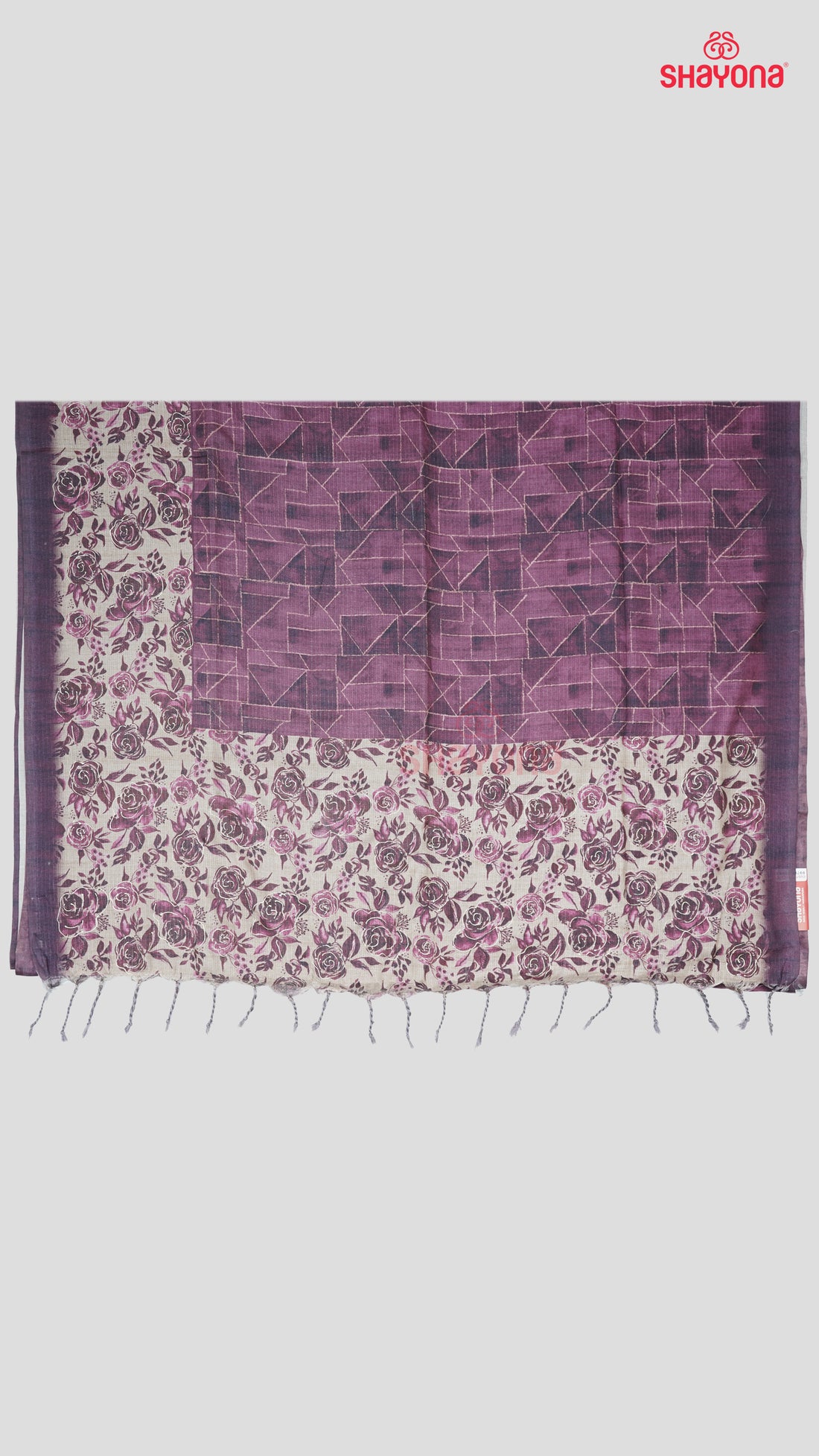 Dark Rose Gold Tussa Cotton Saree with Rose-Floral Jaal, Digital Geometric Prints & Light Gold Pallav