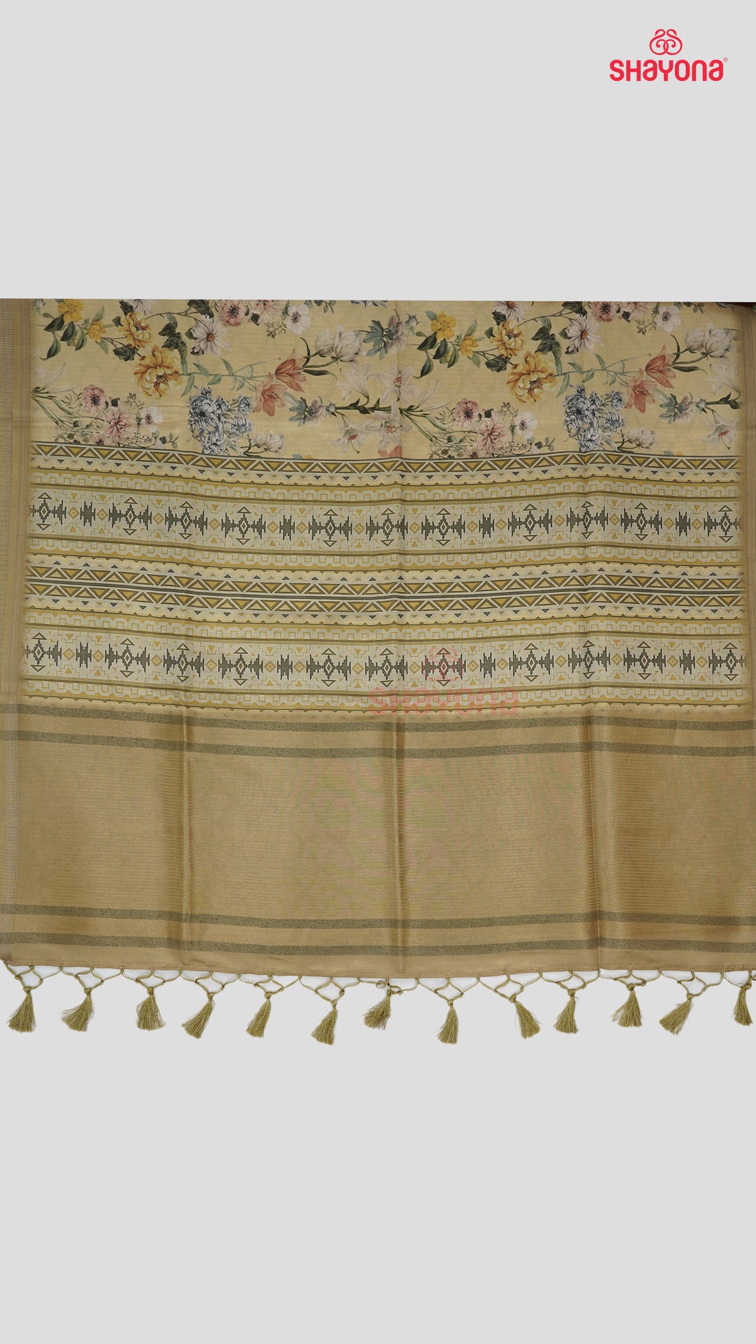Light Gold & Sage Green Tussa Cotton Saree with Geometric & Floral Jaal