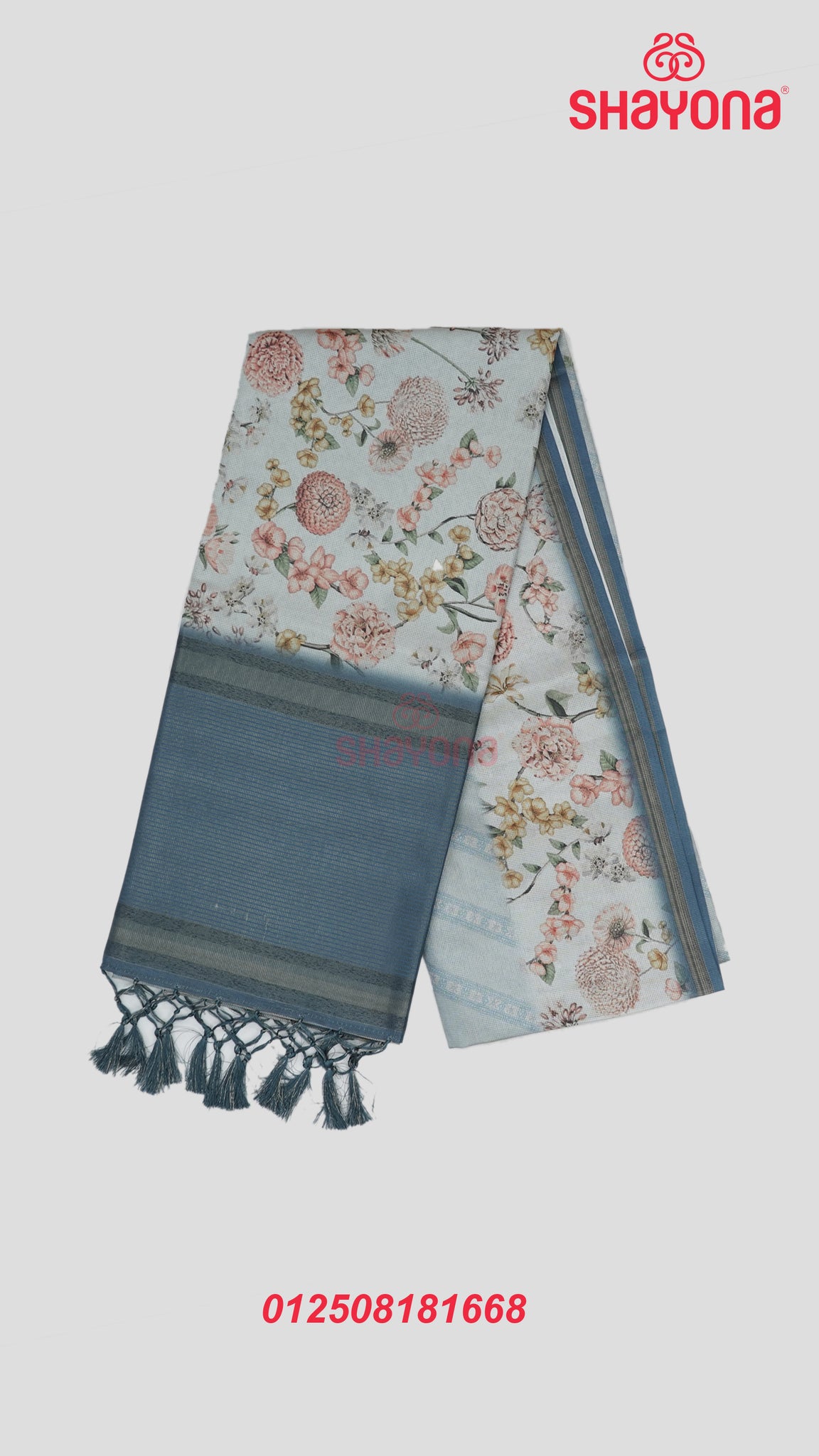 Deep Steel Blue & Light Blue Digital Floral Tussa Cotton Saree