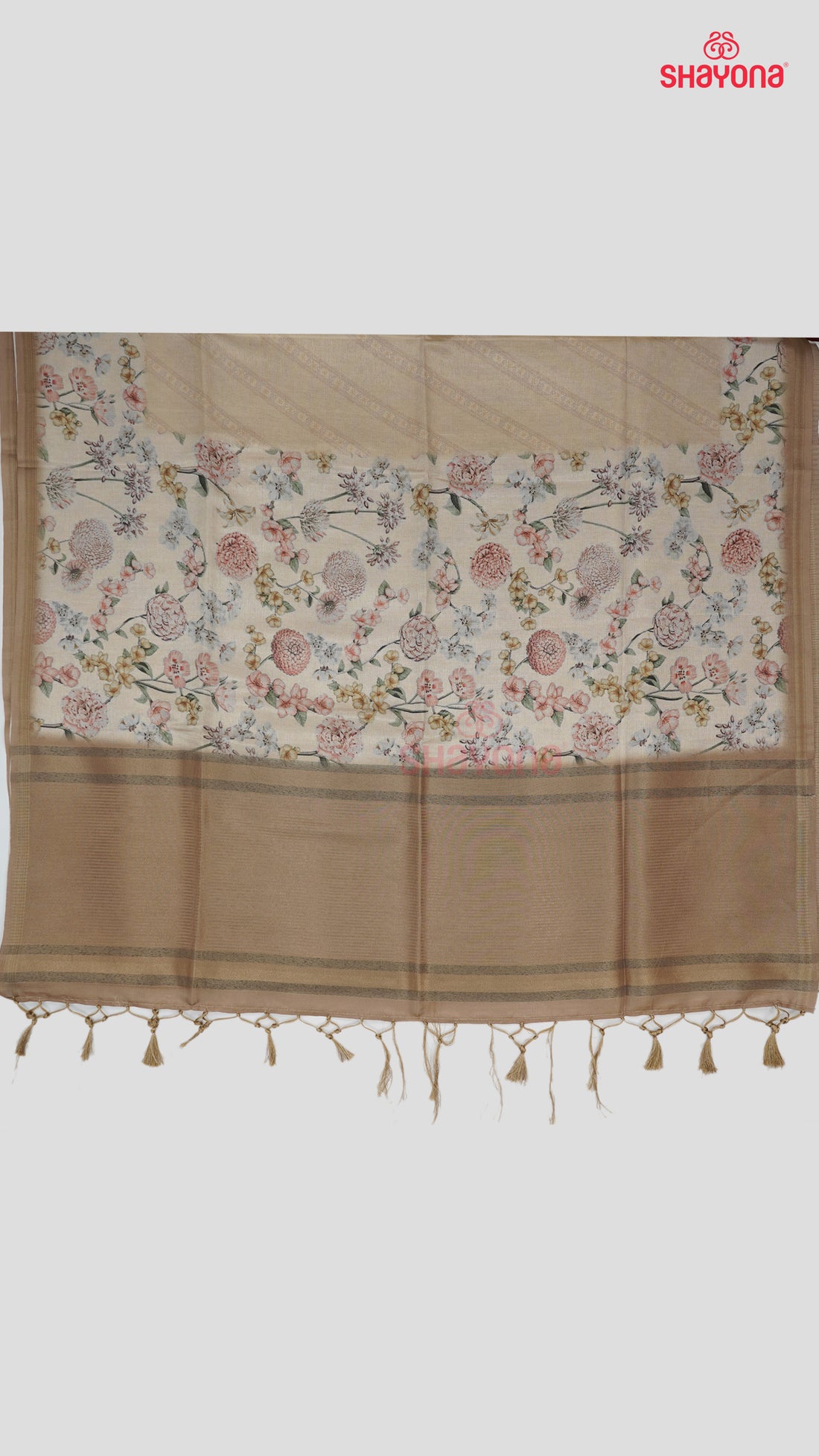 Almond & Light Wood Peru Floral Printed Tussa Cotton Saree