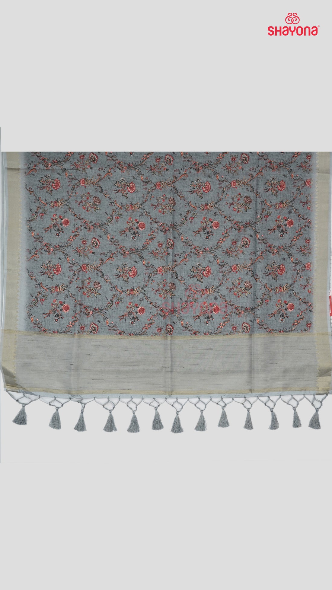 Light Navy Blue Tussa Cotton Saree with Multicolour Floral Jaal – A Blend of Elegance & Artistry