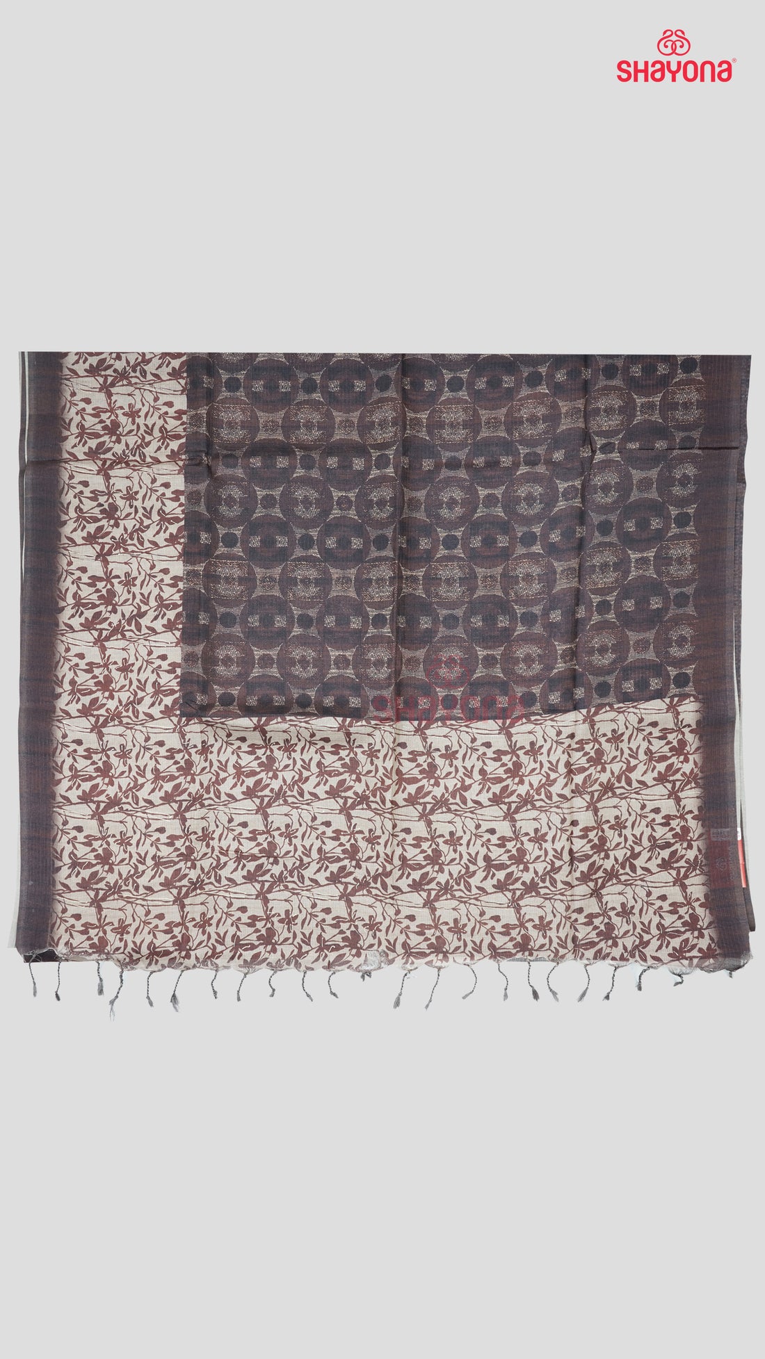 Coffee Coloured Tussa Cotton Saree – Classic Charm with Contemporary Prints