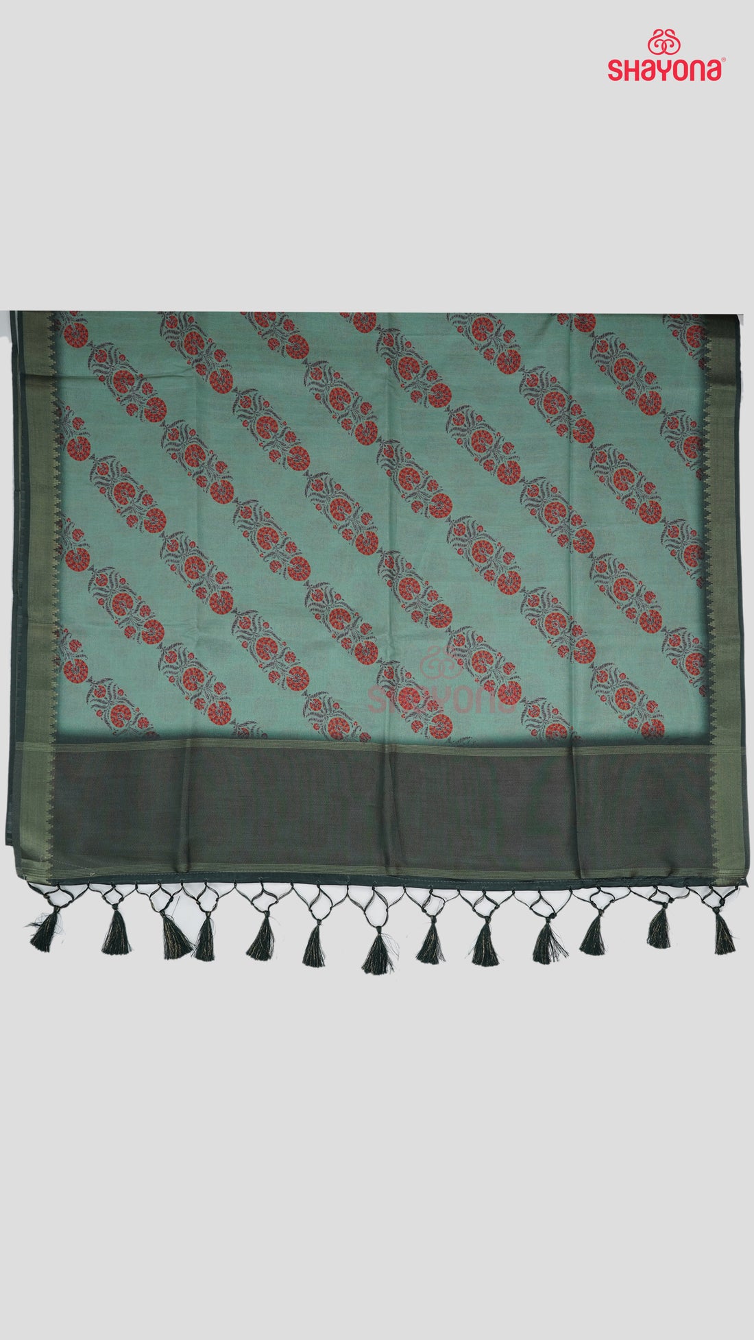 Slate Gray & Medium Aqua Tussa Cotton Saree with Multicoloured Floral Butta in Leheriya Pattern