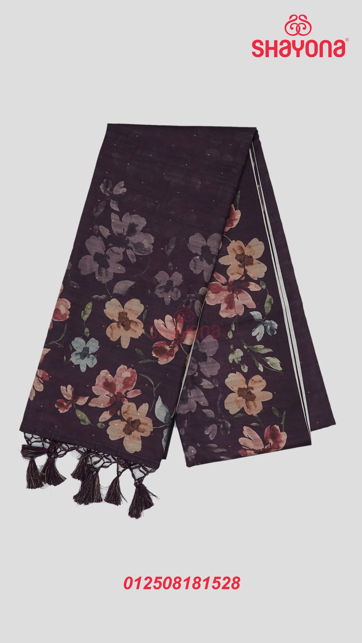Dark Purple Tussa Cotton Saree with Digital Floral Design & Plain Gala