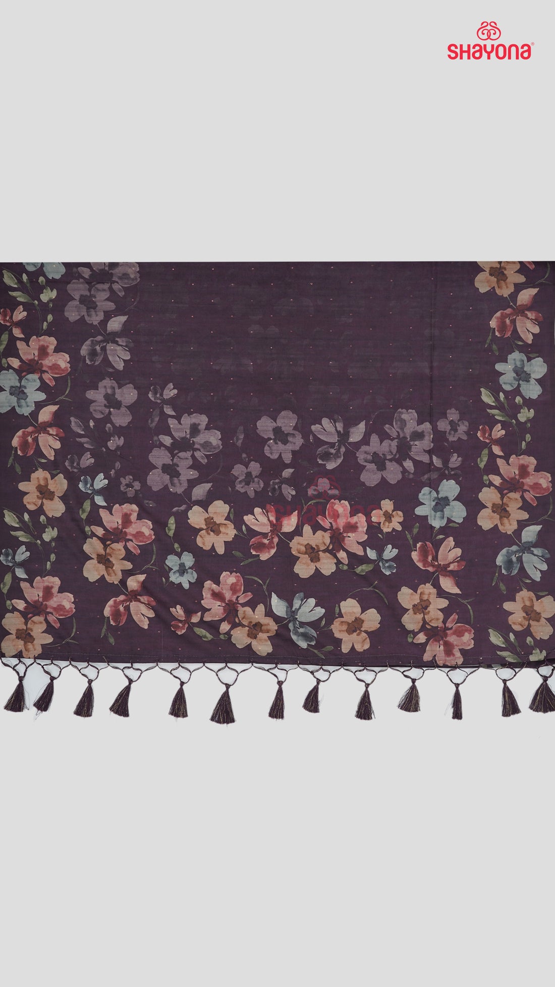 Dark Purple Tussa Cotton Saree with Digital Floral Design & Plain Gala