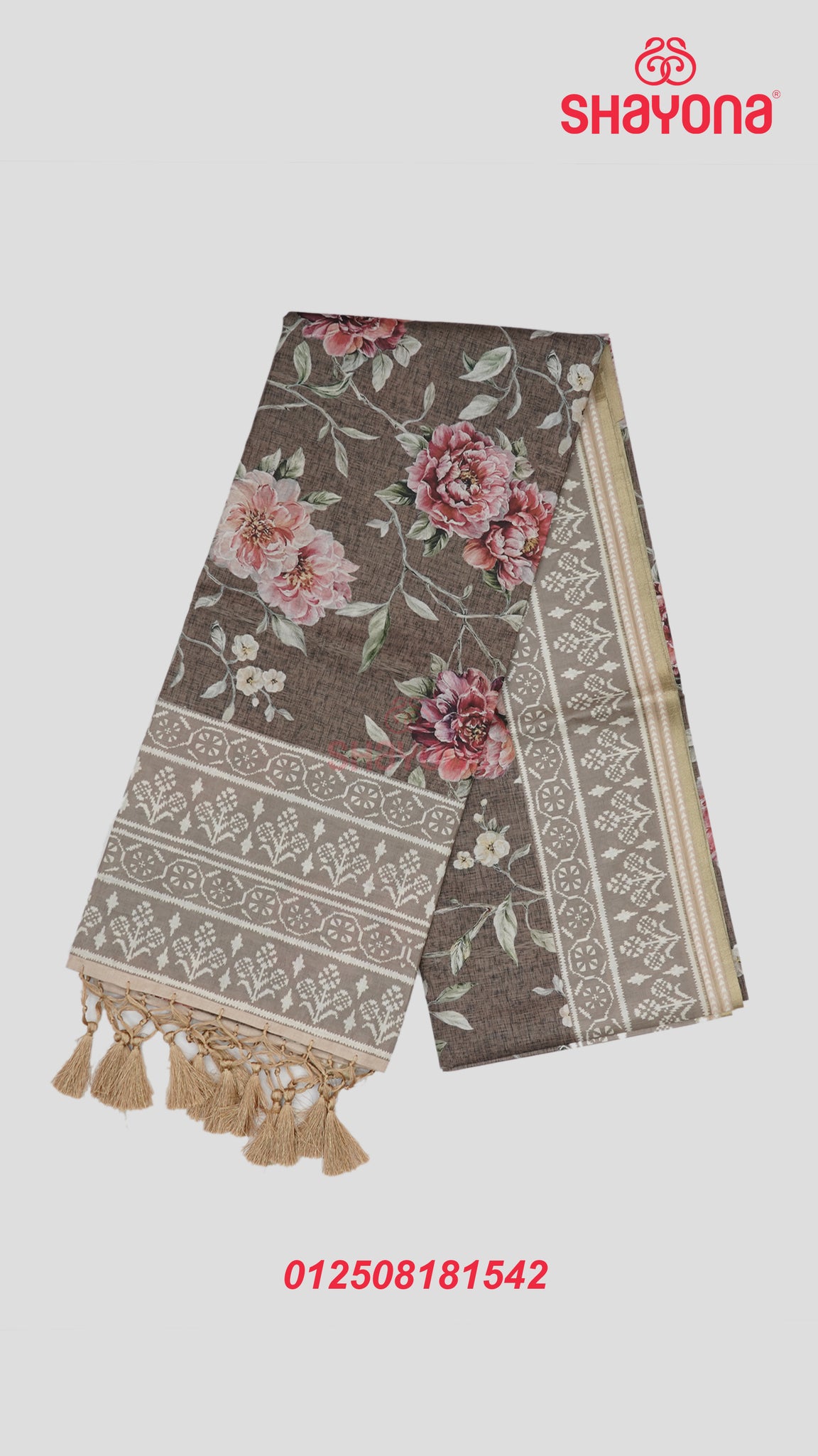 Wood Gray Tussa Cotton Saree with Multicoloured Floral Butta Jaal