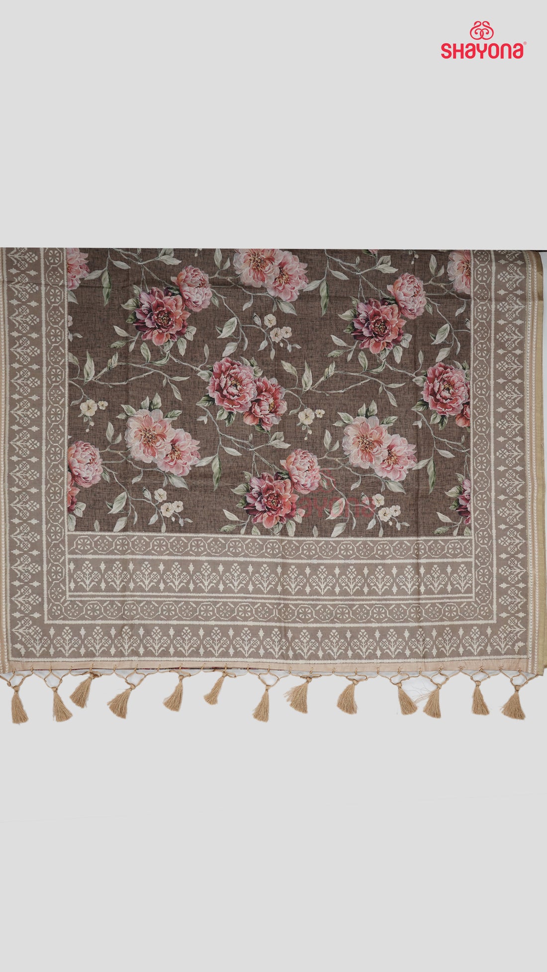 Wood Gray Tussa Cotton Saree with Multicoloured Floral Butta Jaal