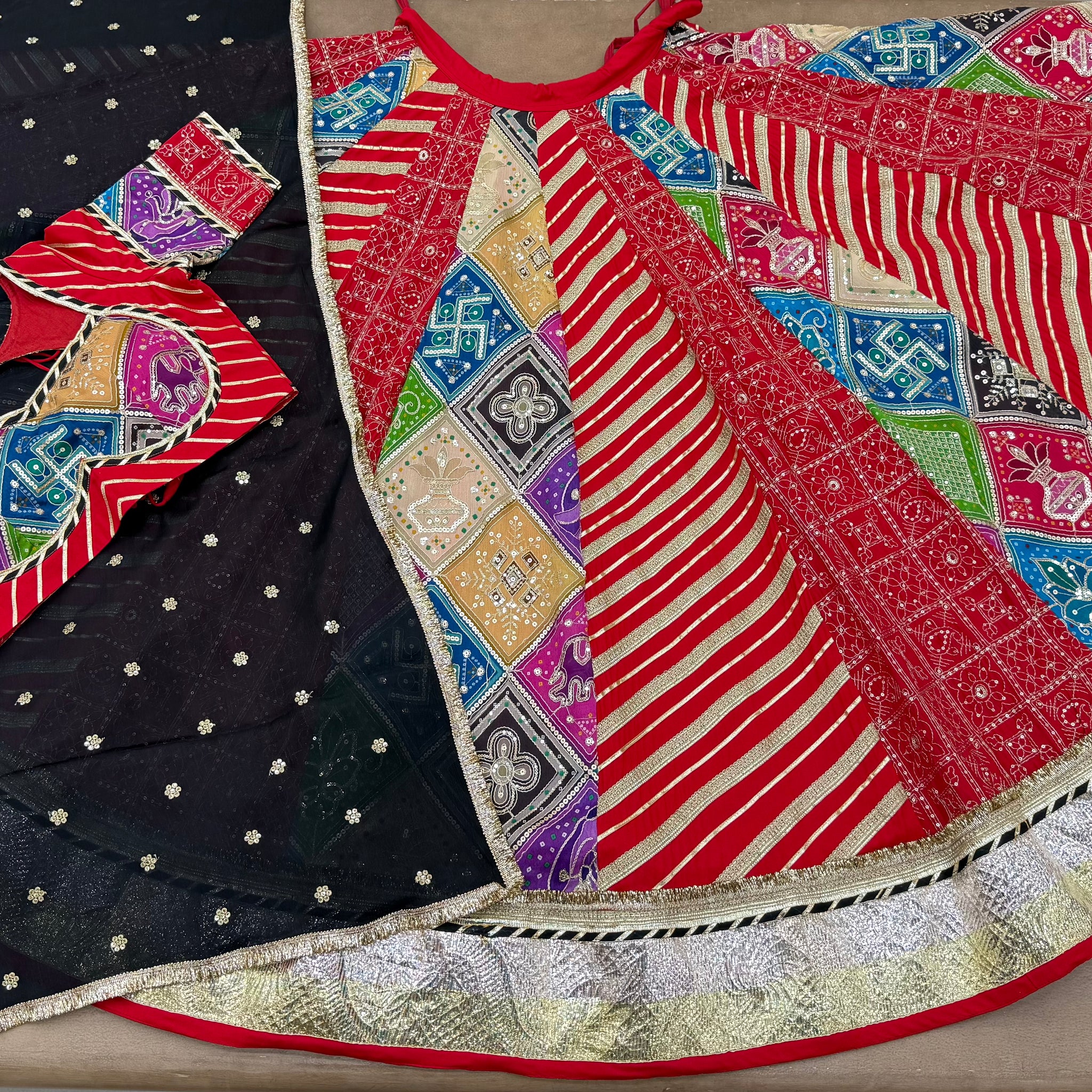 RED-BLACK MULTI KALI CHANIYA CHOLI