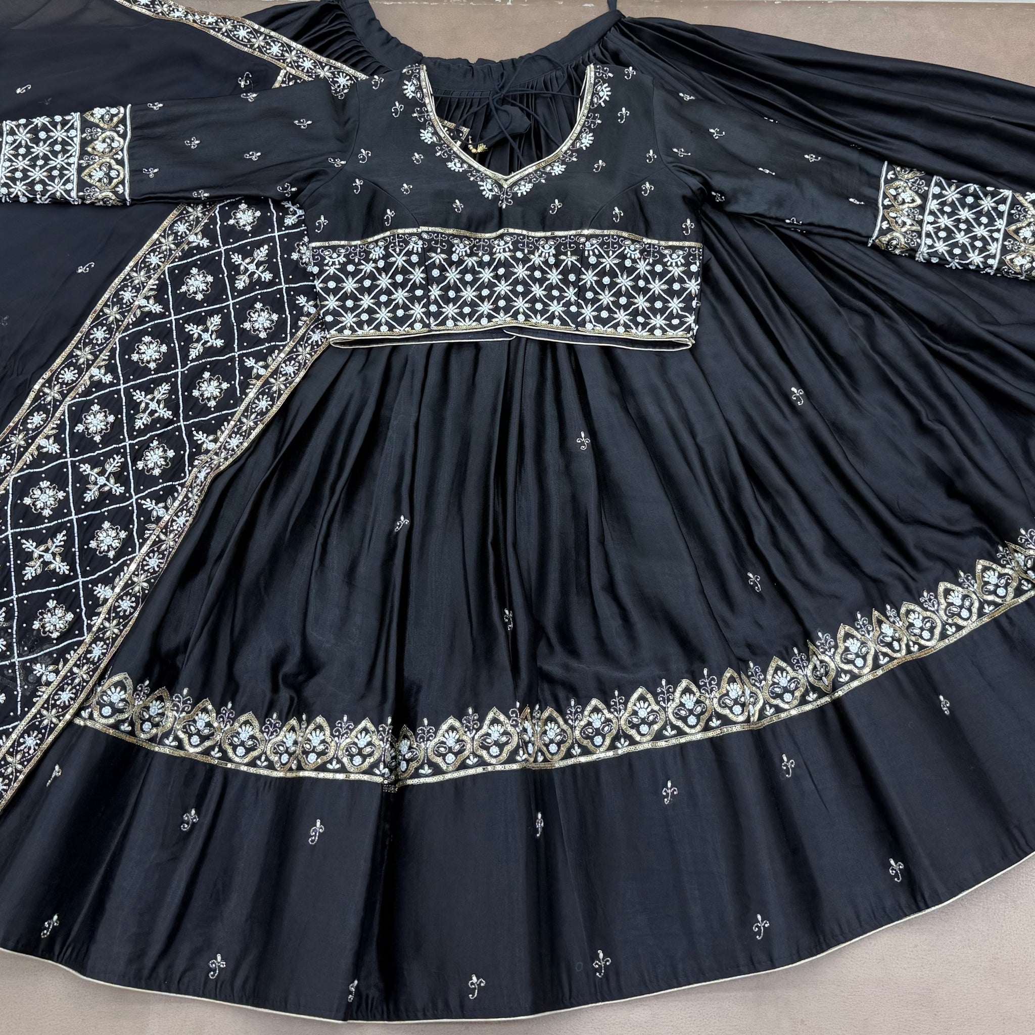BLACK - CADET BLUE GAJJI SILK CHANIYA CHOLI