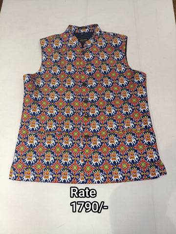 Navy Blue Brocade Silk Patola Printed Men's Koti with Elephant Motif & Stand-Up Collar