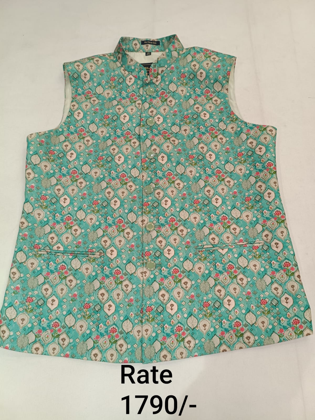 Cadet Blue Brocade Silk Printed Men's Koti with Stand-Up Collar