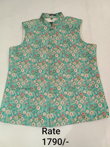 Cadet Blue Brocade Silk Printed Men's Koti with Stand-Up Collar