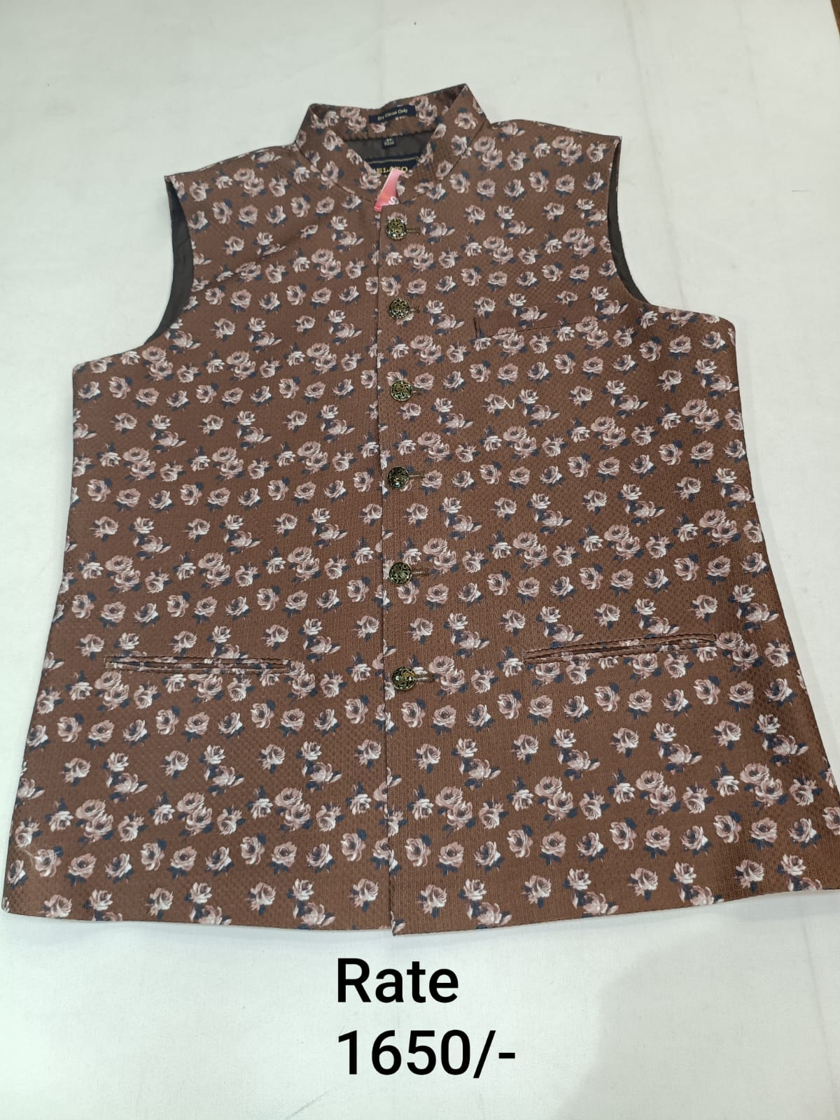 Light Coffee Brocade Silk Men's Koti with Cream Rose Floral Butti Print & Stand-Up Collar