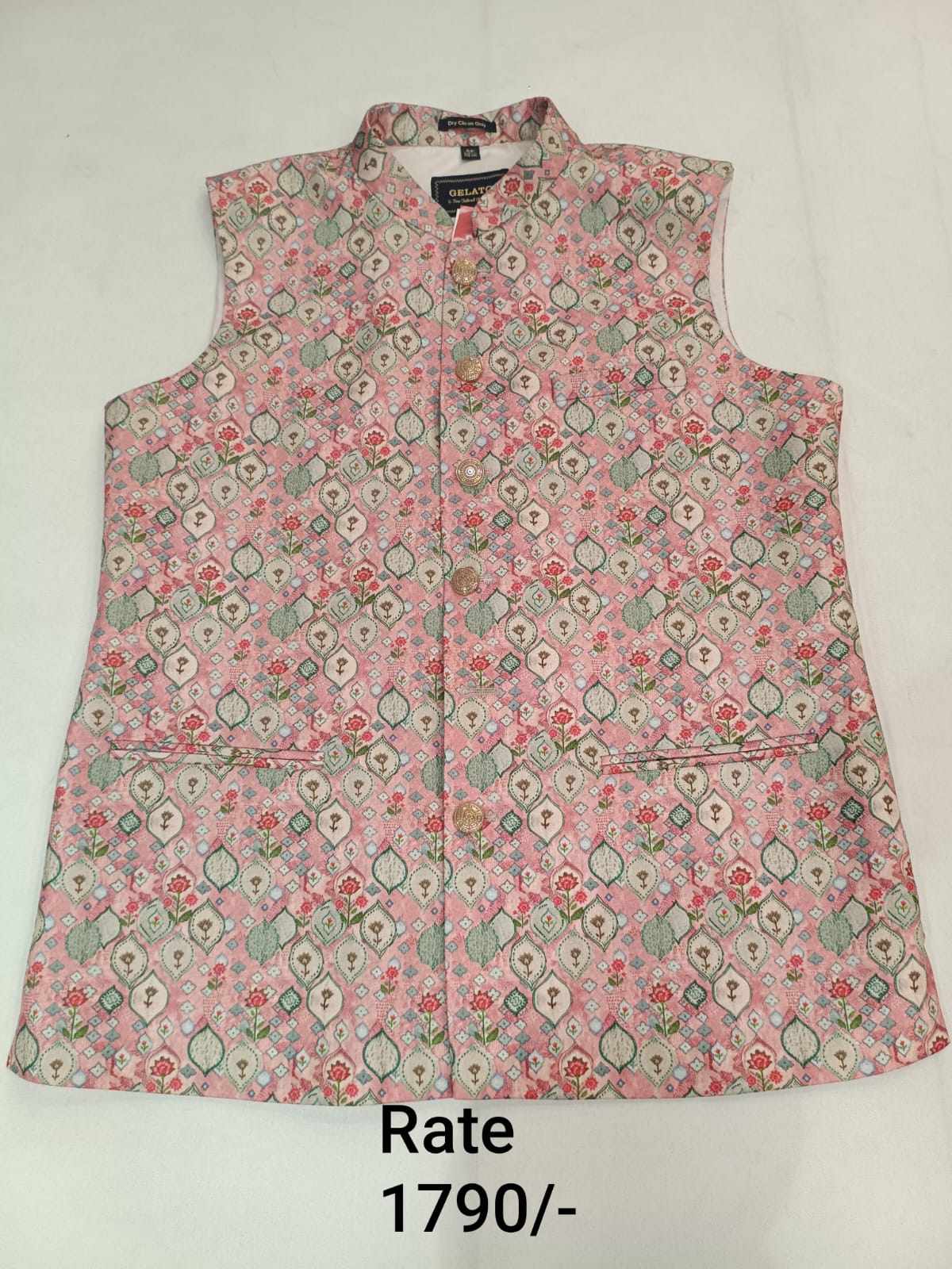 Pink Brocade Silk Printed Men's Koti with Stand-Up Collar