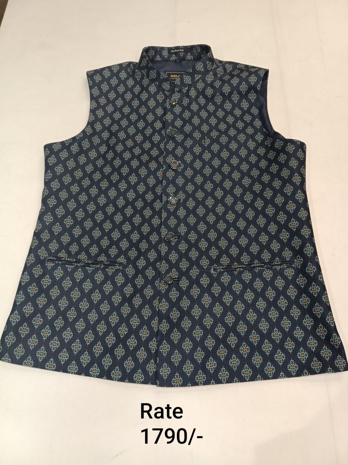 Dark Deep Steel Blue Brocade Silk with Floral Butti Printed Men's Koti with Stand-Up Collar