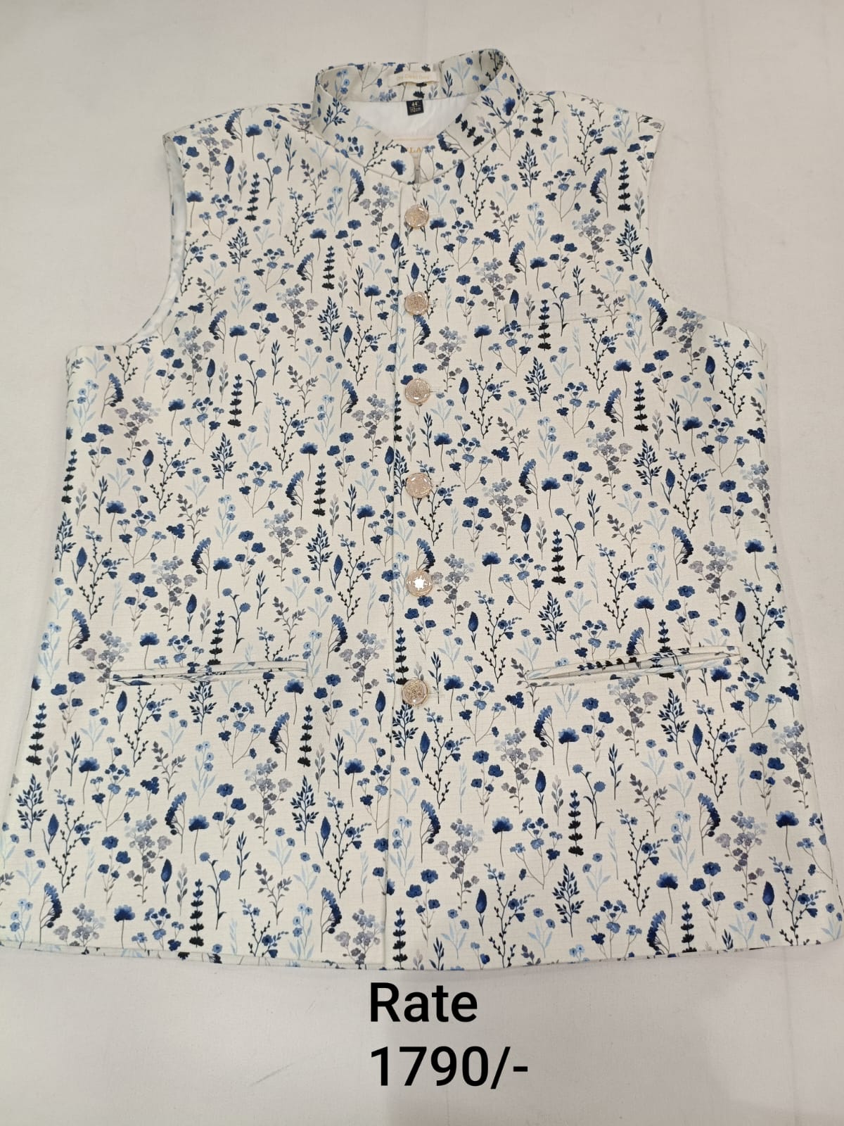 Ivory Brocade Silk with Blue Floral Printed Men's Koti with Stand-Up Collar
